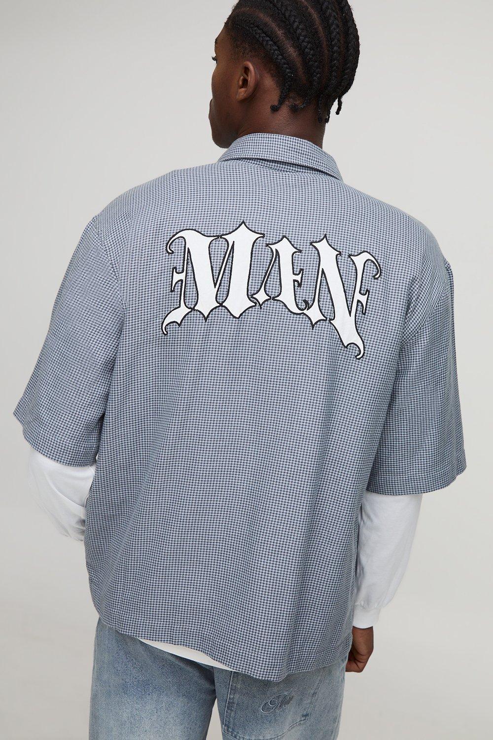 Image of Oversized Man Applique Faux Layer Check Shirt, Grigio
