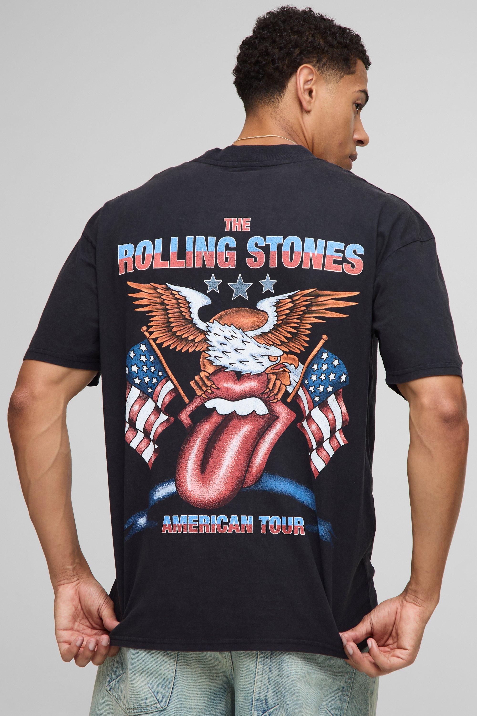 Image of Black Oversized Extended Neck The Rolling Stones Acid Wash License T-shirt, Nero