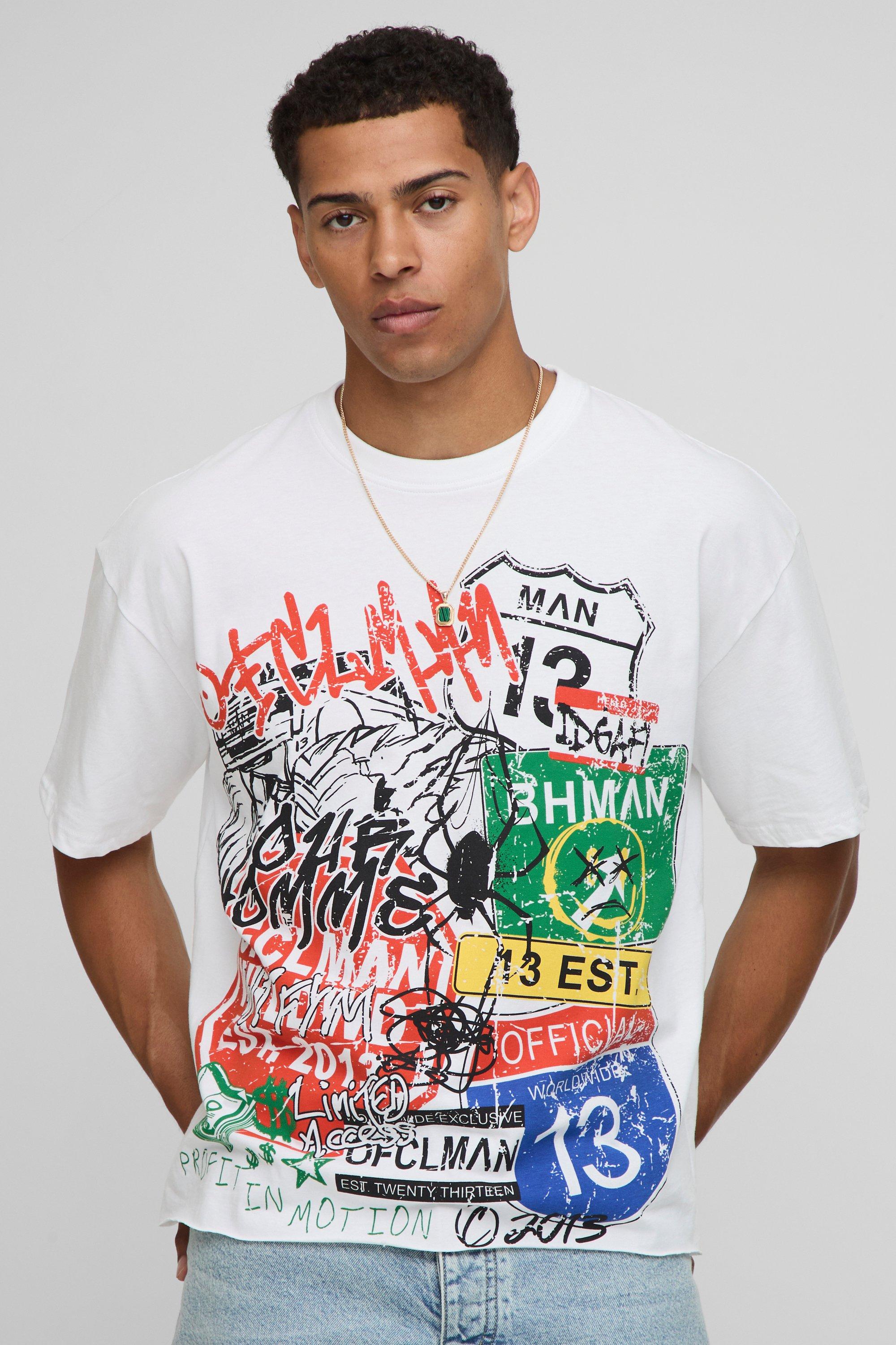 Image of White Oversized Boxy Raw Hem Graffiti Print T-Shirt, Bianco