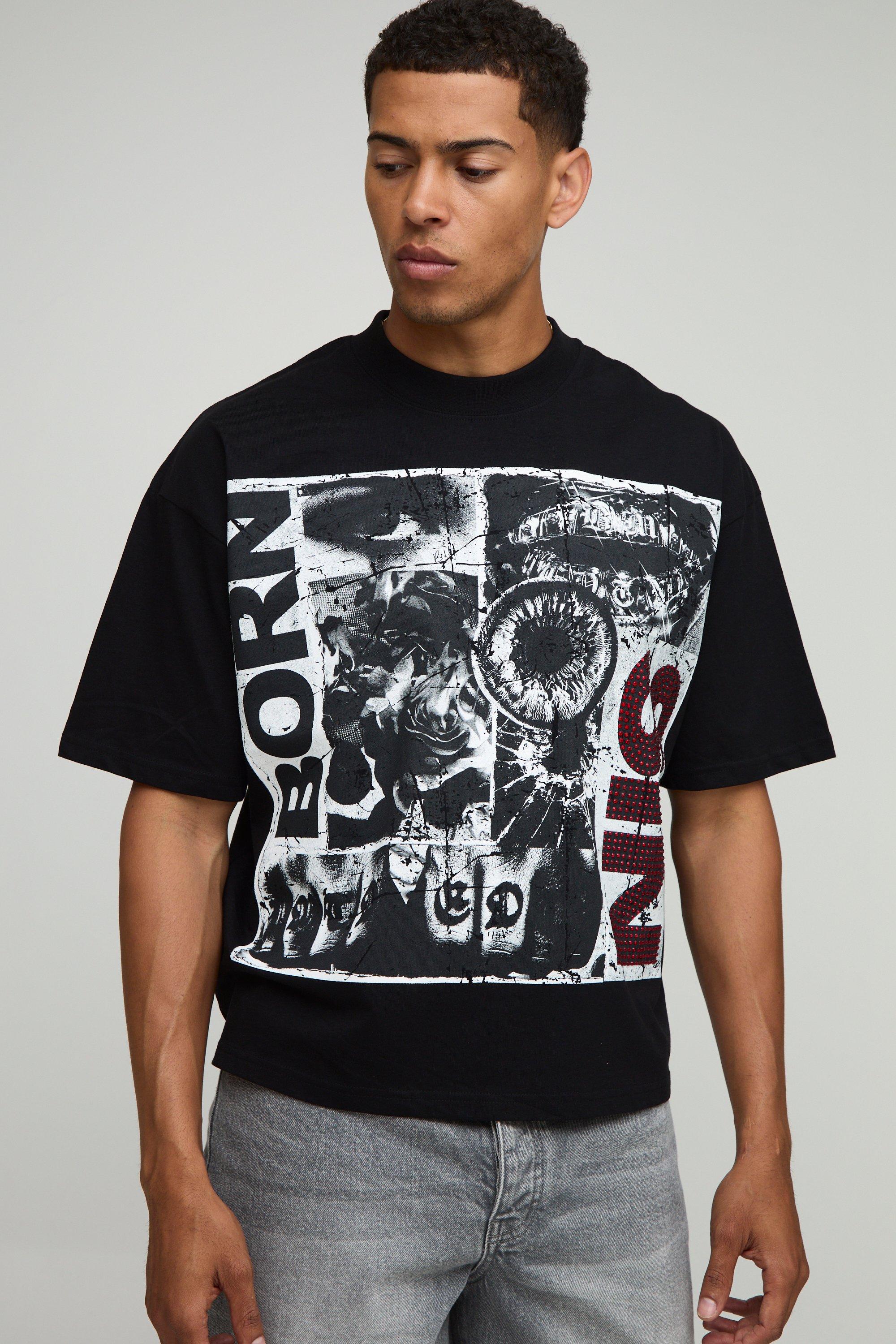 Image of Black Oversized Boxy Rhinestone Grunge T-Shirt, Nero