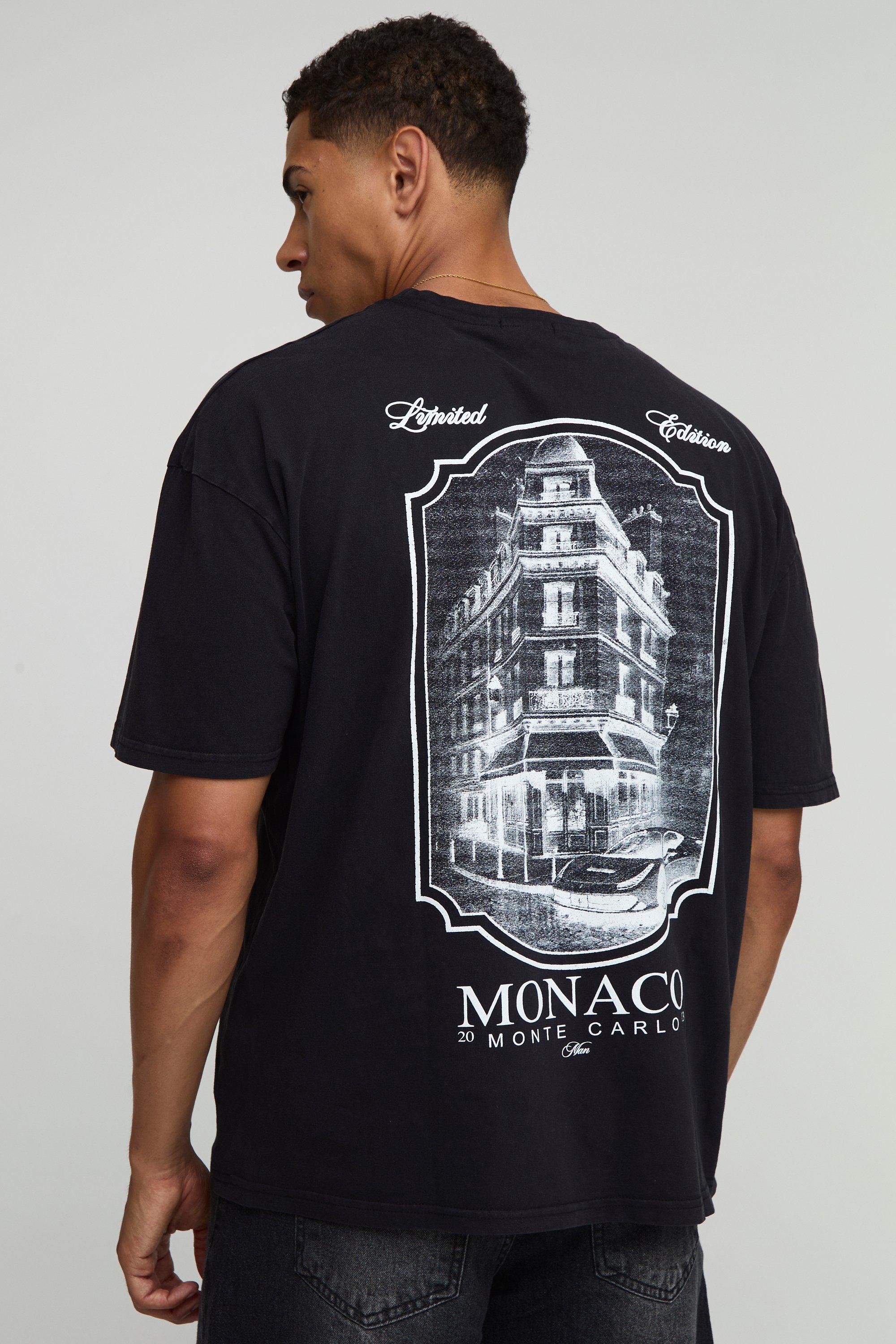 Image of Washed Black Monaco Landscape Print T-Shirt, Nero