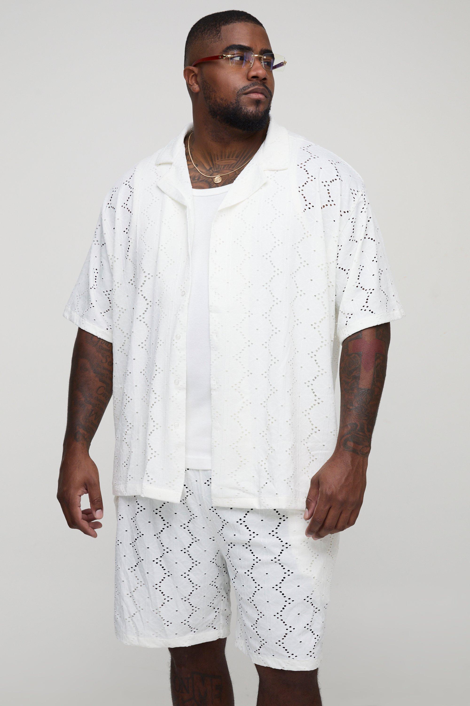 Mens White Plus Jersey Broderie Shirt & Short Set, White