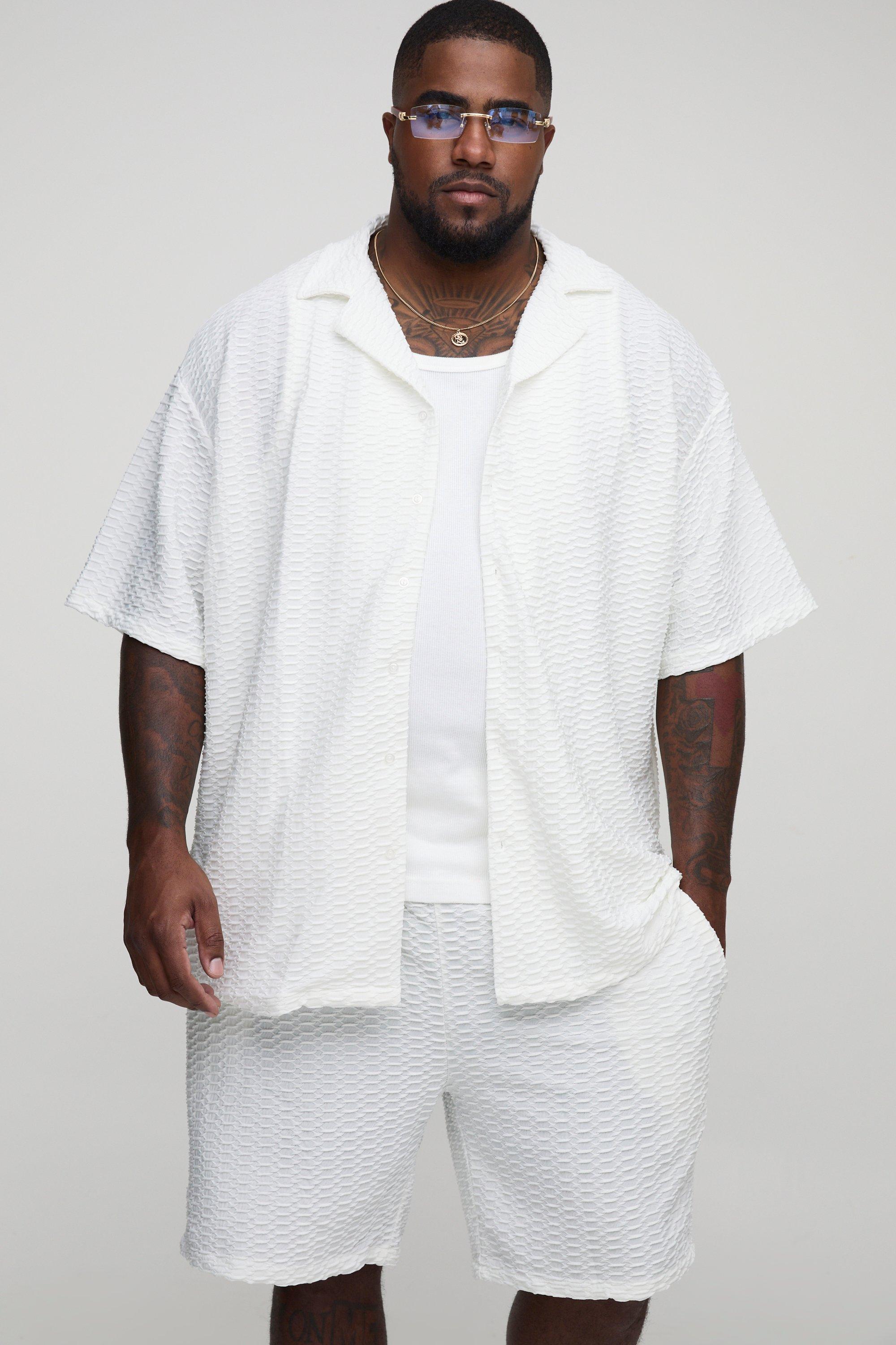 Mens White Plus Textured Shirt & Short Set, White
