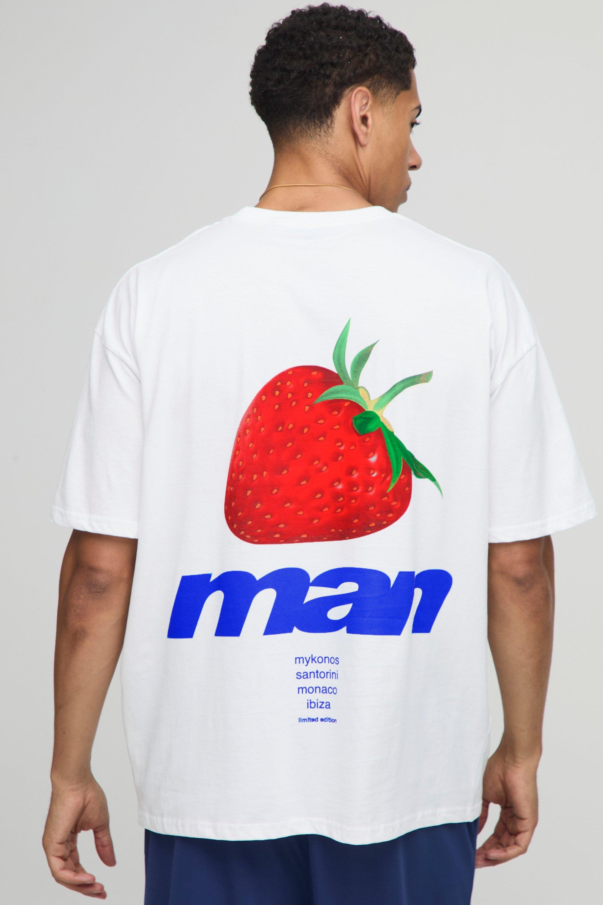 Image of White Oversized Strawberry Printed T-Shirt, Bianco