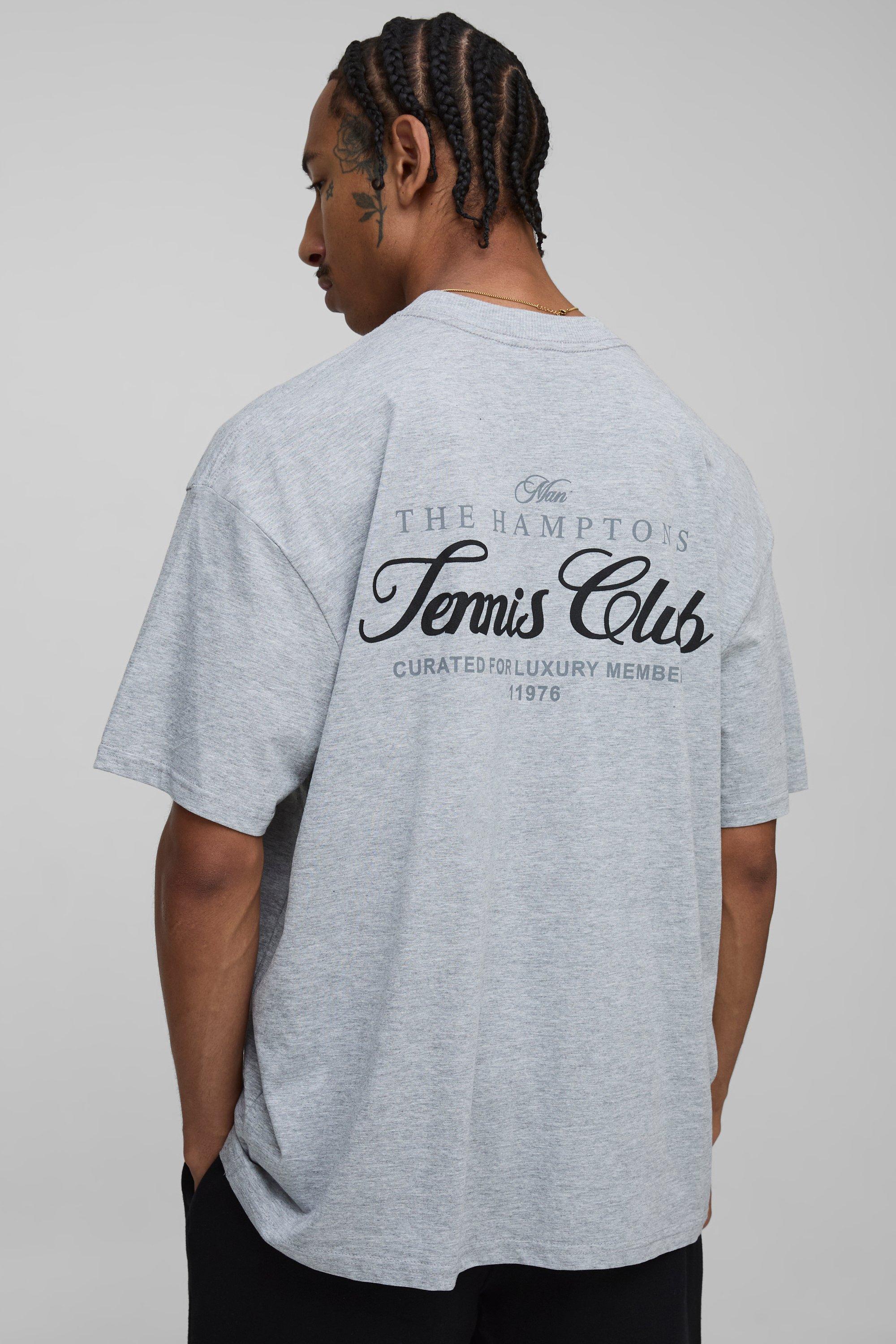 Mens Grey Oversized Hamptons Tennis Club Puff Print T-Shirt, Grey