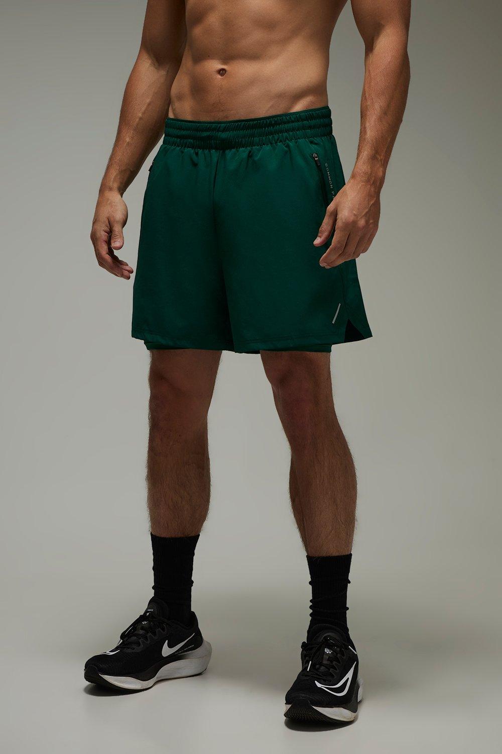 Mens Green Common Pace Running 2 in 1 Double Waistband 5inch Short, Green