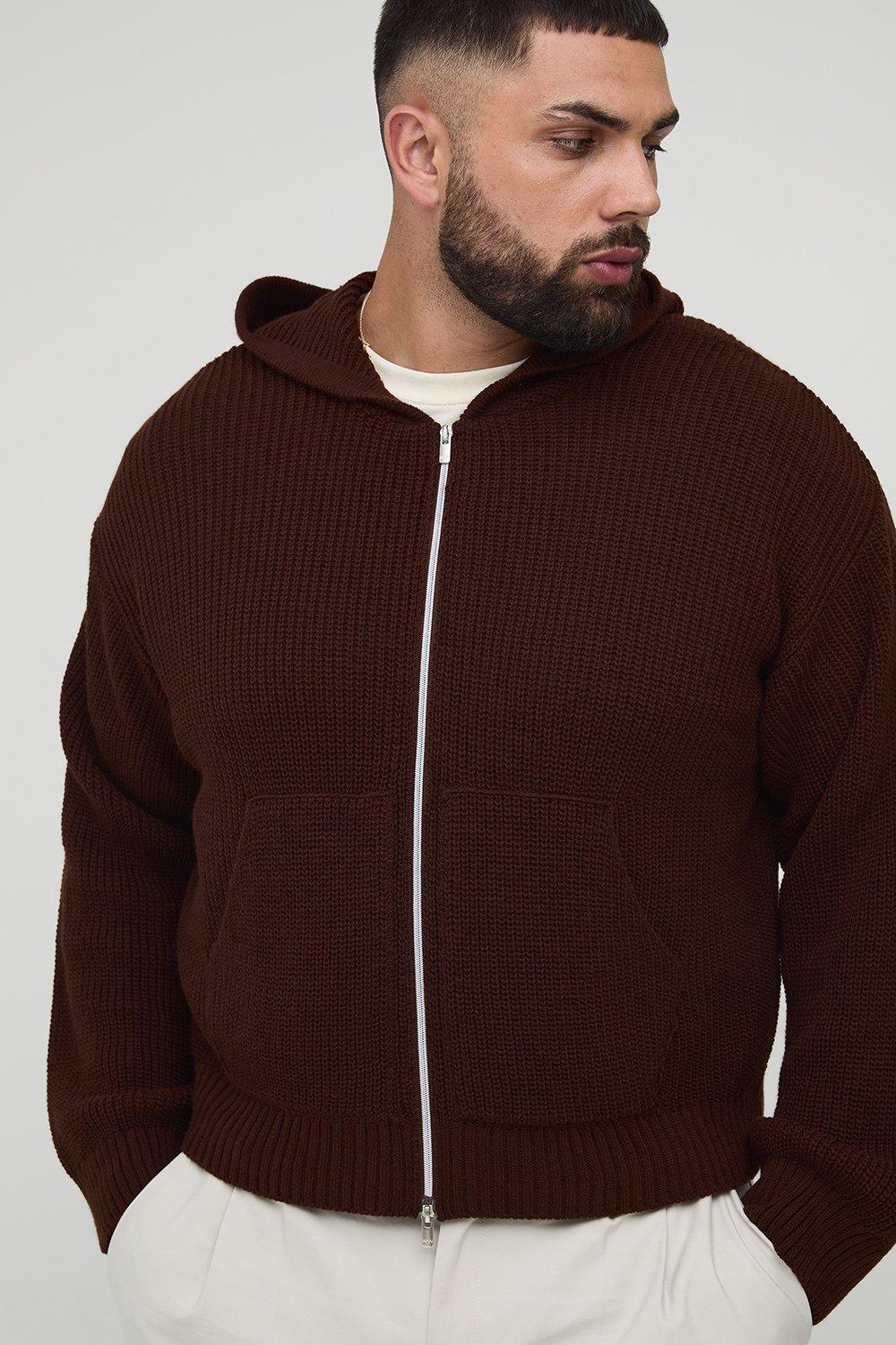 Mens Brown Plus Boxy Fit Ribbed Knitted Hoodie, Brown