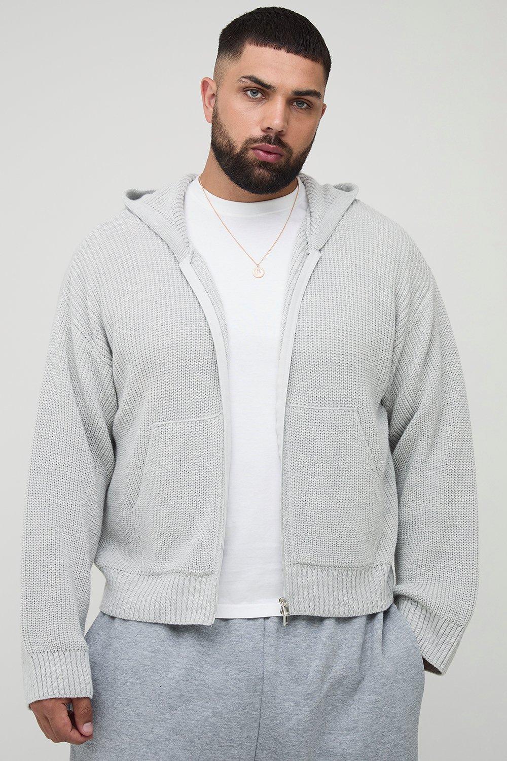 Mens Grey Plus Boxy Fit Ribbed Knitted Hoodie, Grey