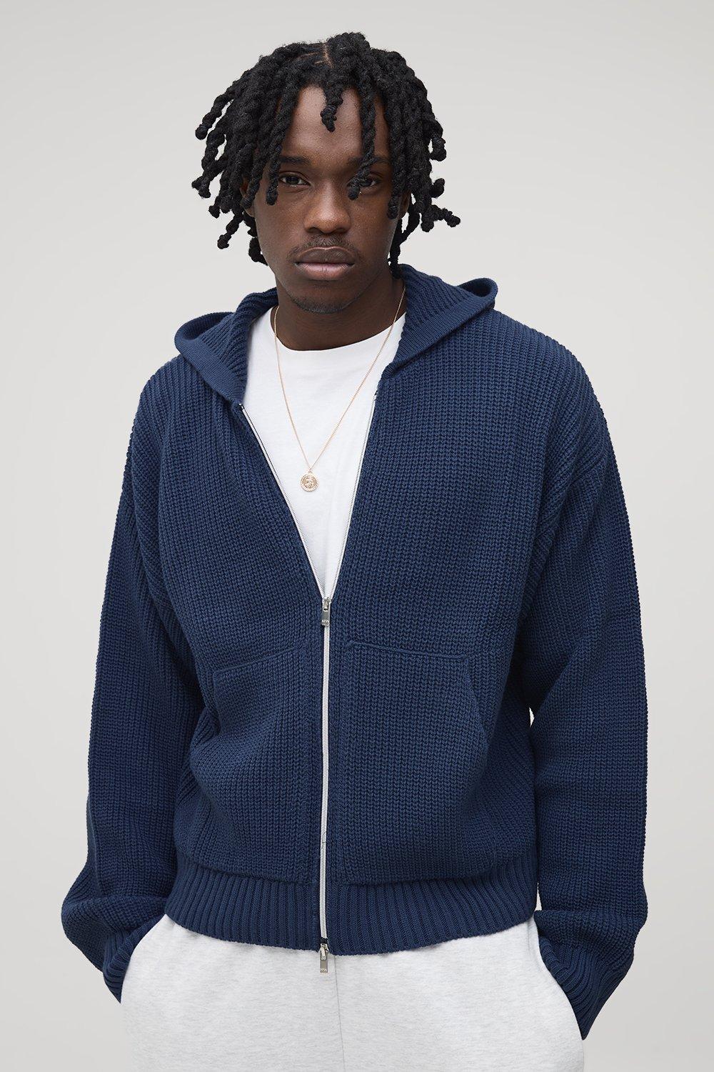 Mens Navy Tall Boxy Fit Ribbed Knitted Hoodie, Navy