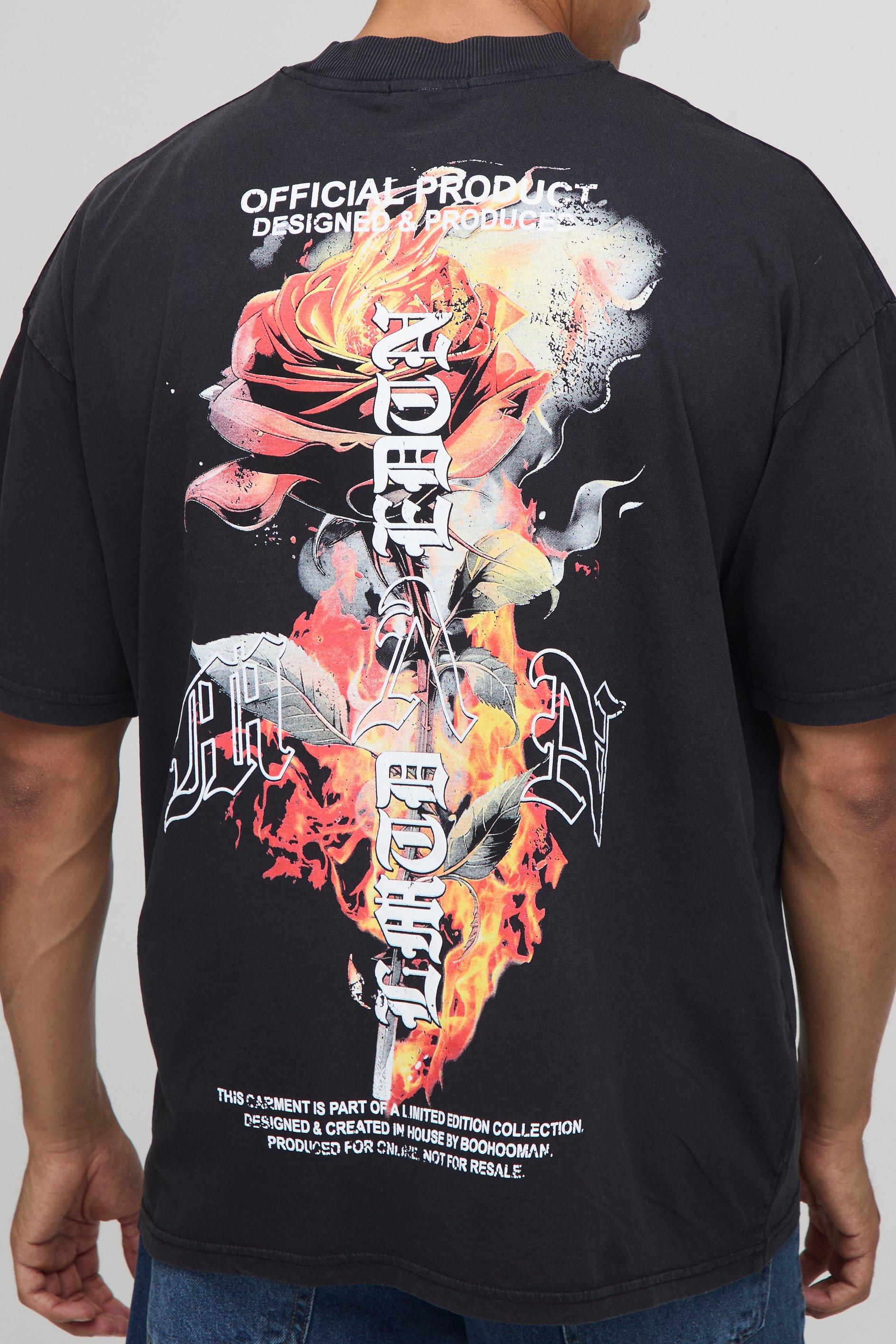 Image of Washed Black Extended Neck Oversized Gothic Man Rose Printed T-Shirt, Nero