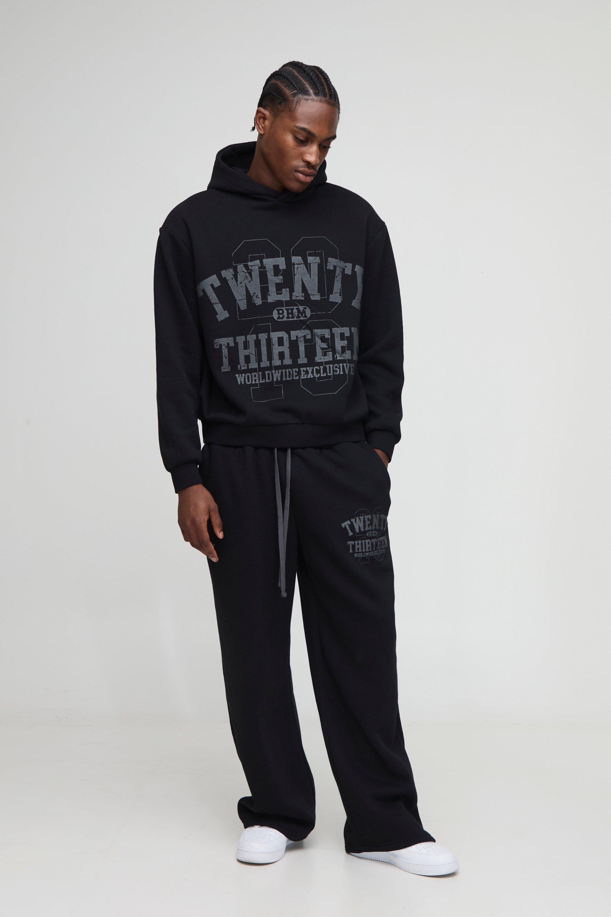 Image of Oversized Boxy Varsity Zip Through Hooded Wide Leg Tracksuit, Nero