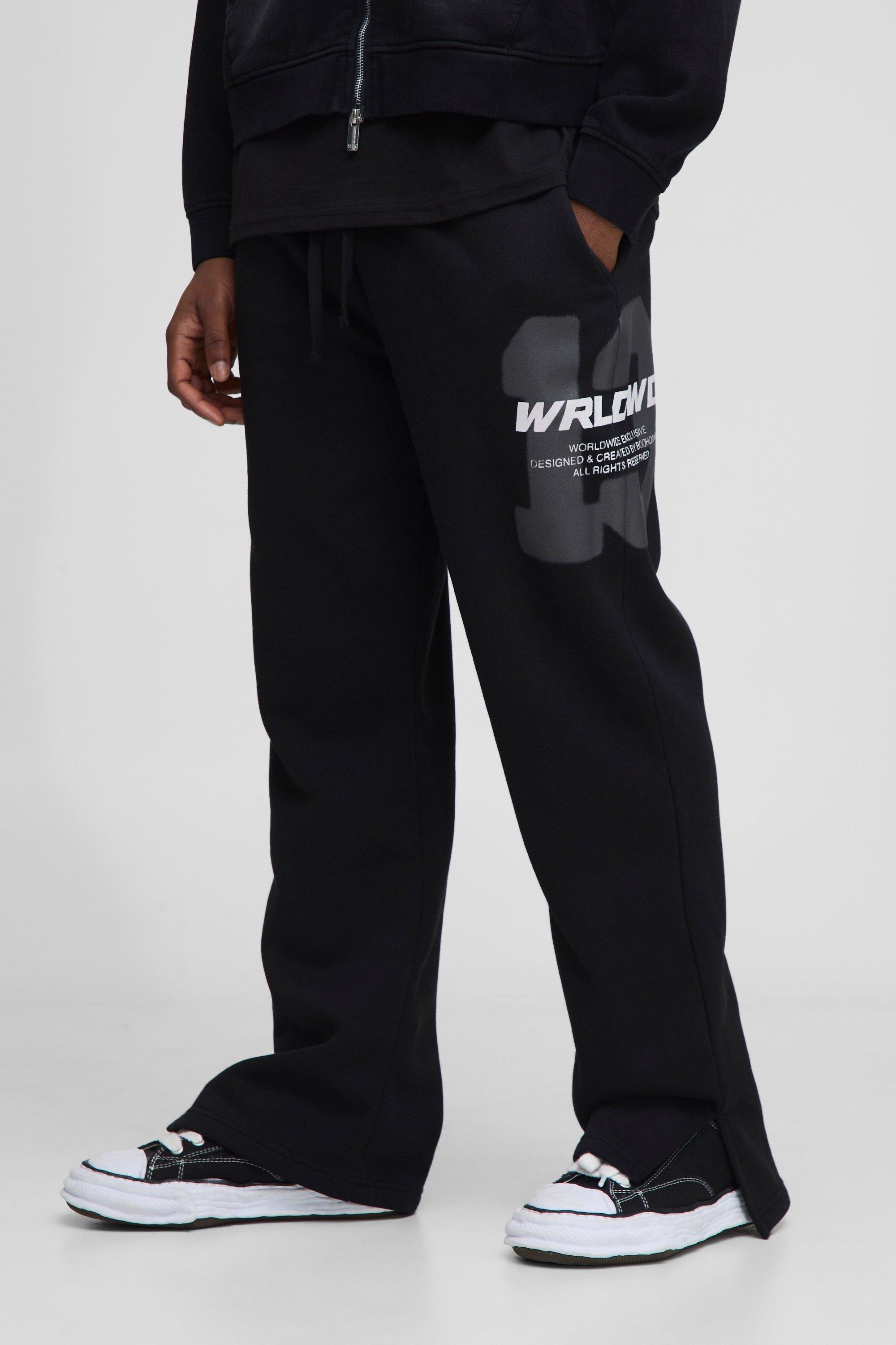 Mens Black Relaxed Fit Worldwide 13 Varsity Split Hem Joggers, Black