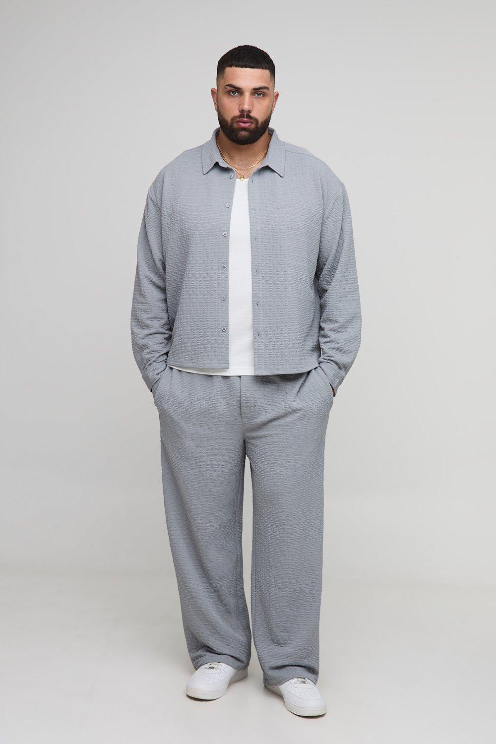 Image of Plus Textured Jersey Oversized Boxy Shirt and Relaxed Trouser Set, Grigio