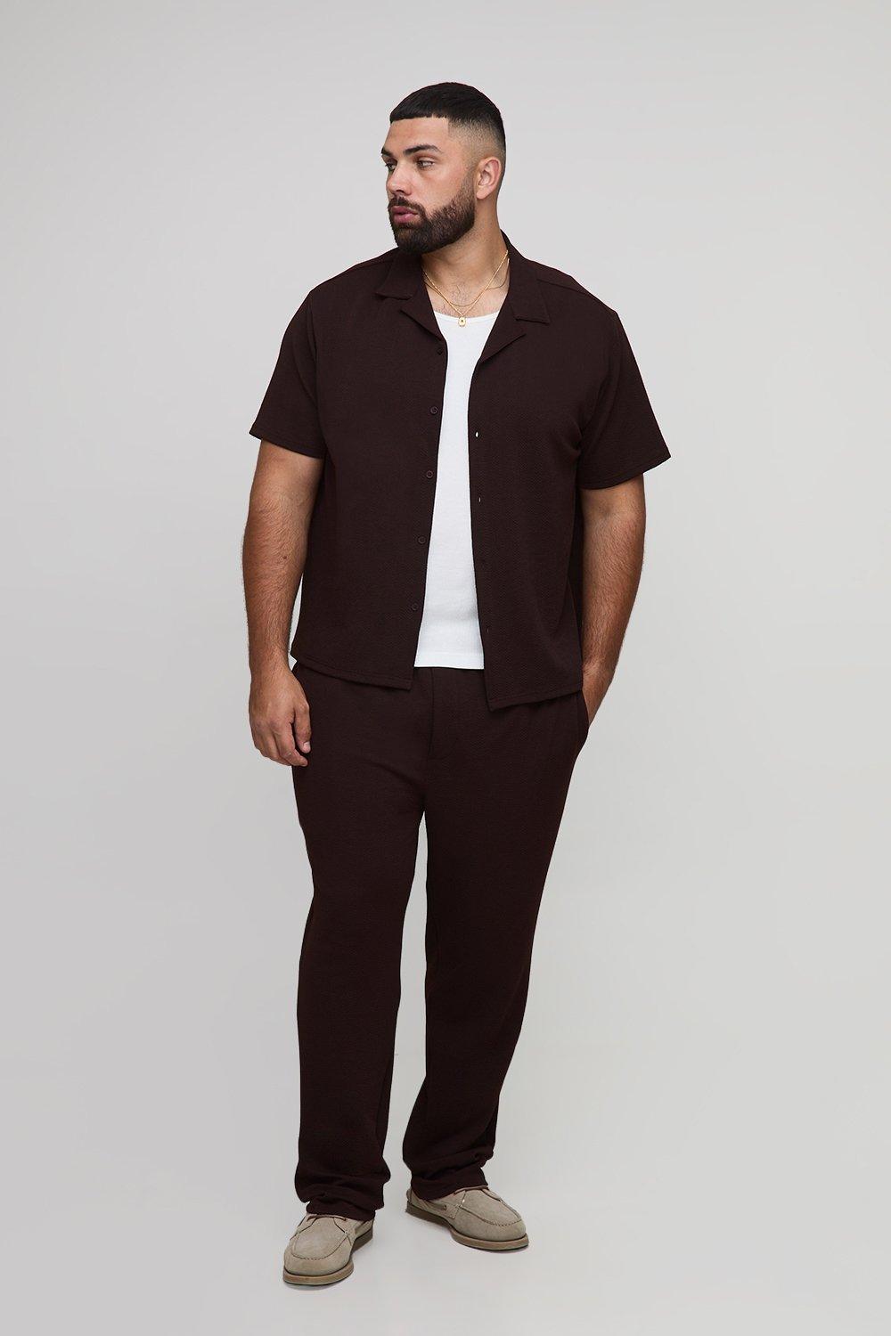 Mens Brown Plus Herringbone Jersey Regular Shirt and Tapered Trouser Set, Brown
