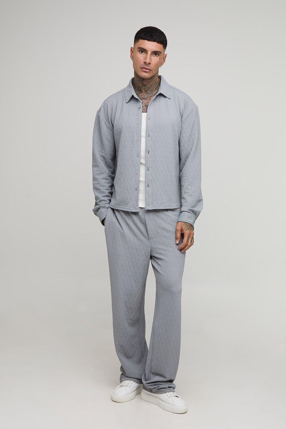 Image of Tall Textured Jersey Oversized Boxy Shirt and Relaxed Trouser Set, Grigio