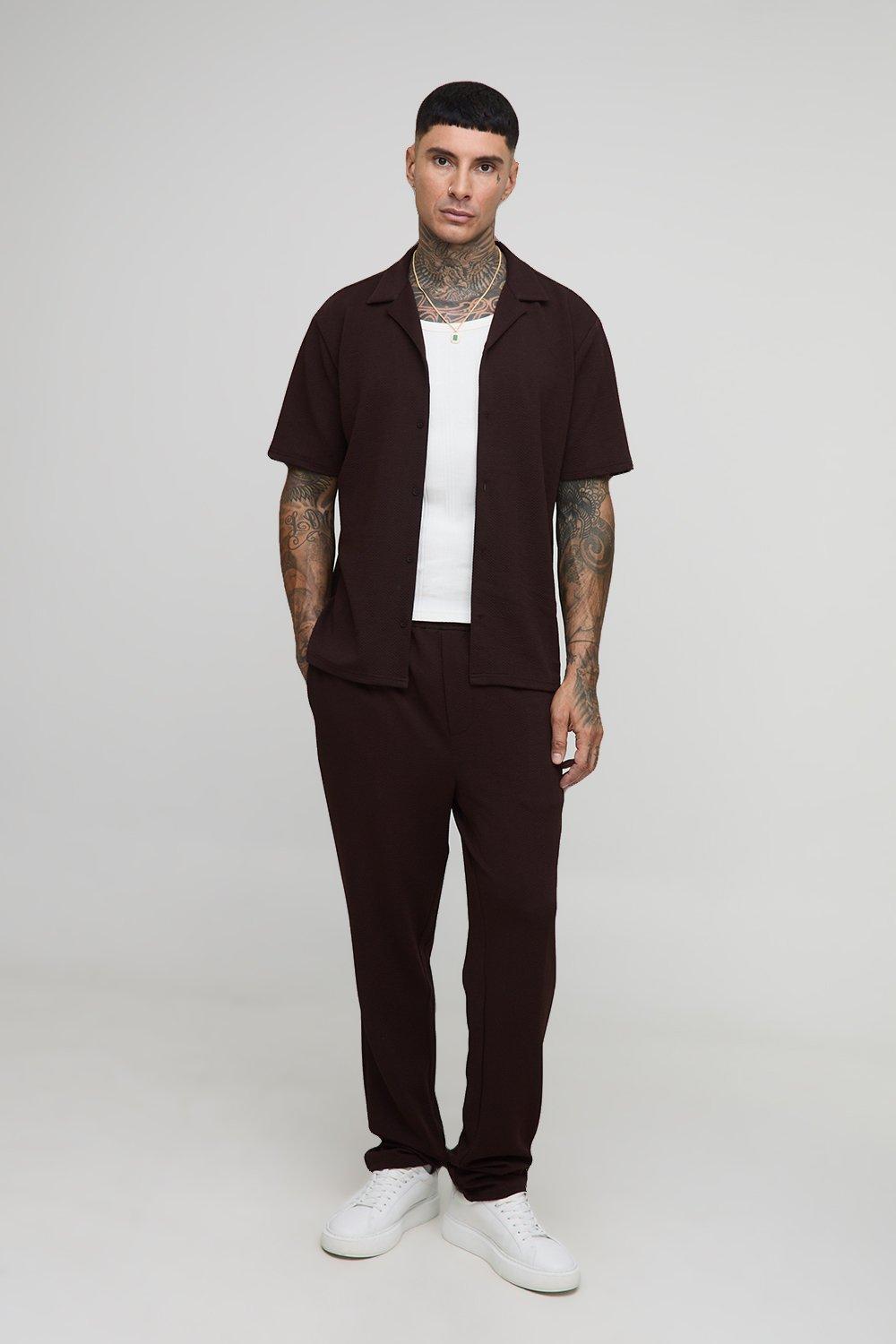 Mens Brown Tall Herringbone Jersey Regular Shirt and Tapered Trouser Set, Brown
