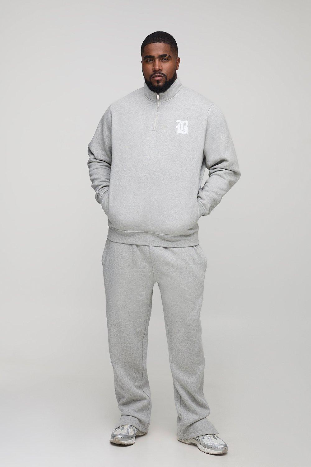 Image of Plus Regular 1/4 Zip Gothic B Embroidered Funnel Neck Sweater & Regular Split Hem Jogger Tracksuit, Grigio