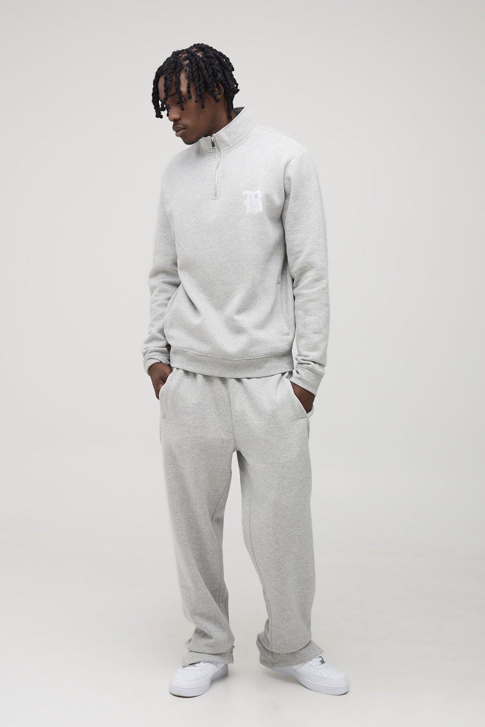 Mens Grey Tall Regular 1/4 Zip Gothic B Embroidered Funnel Neck jumper & Regular Split Hem Jogger Tracksuit, Grey