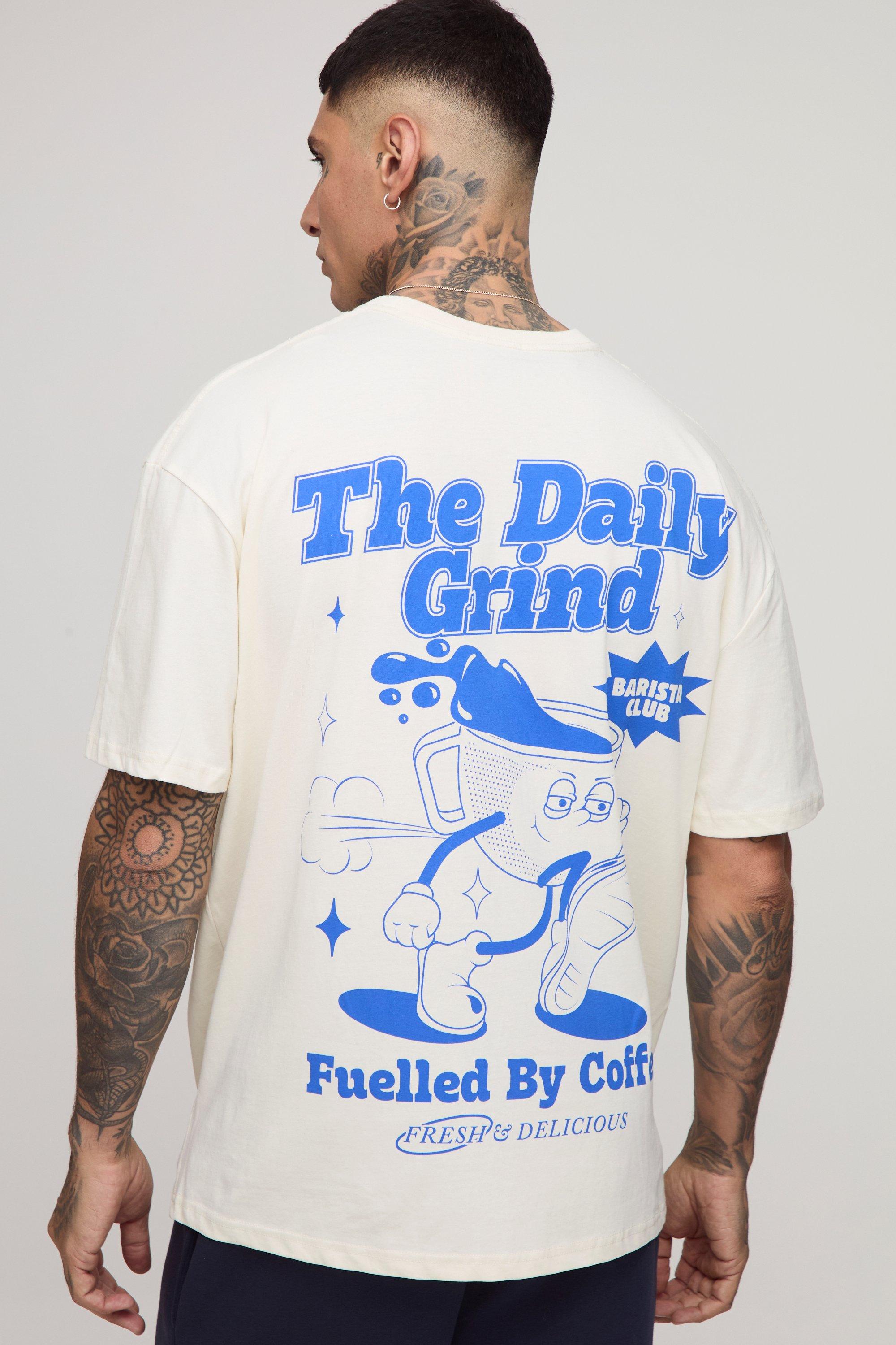 Mens Cream Tall Oversized Daily Grind Cartoon Graphic T-Shirt, Cream