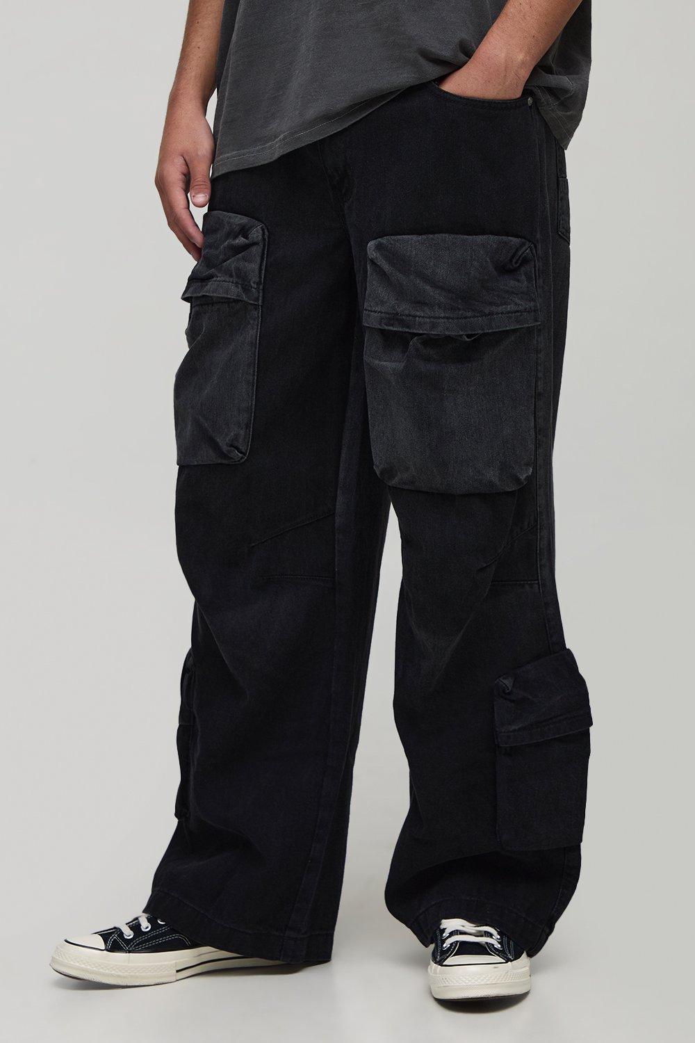 Mens Black Baggy Fit Washed Multi Cargo Jeans, Black