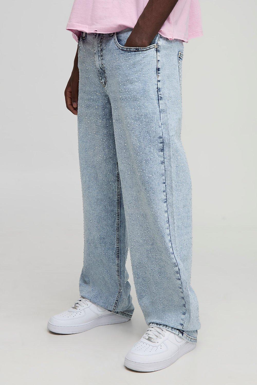 Image of Relaxed Fit All Over Clear Rhinestone Embellished Jeans, Azzurro