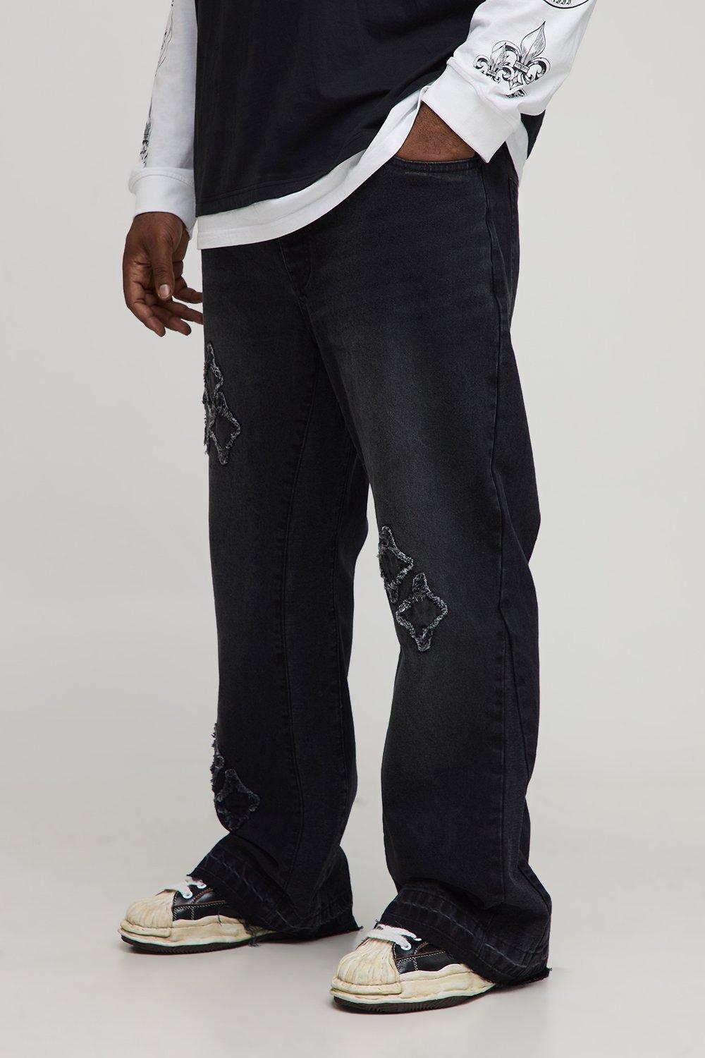 Image of Plus Slim Flare Applique Gusset Panel Jeans, Nero