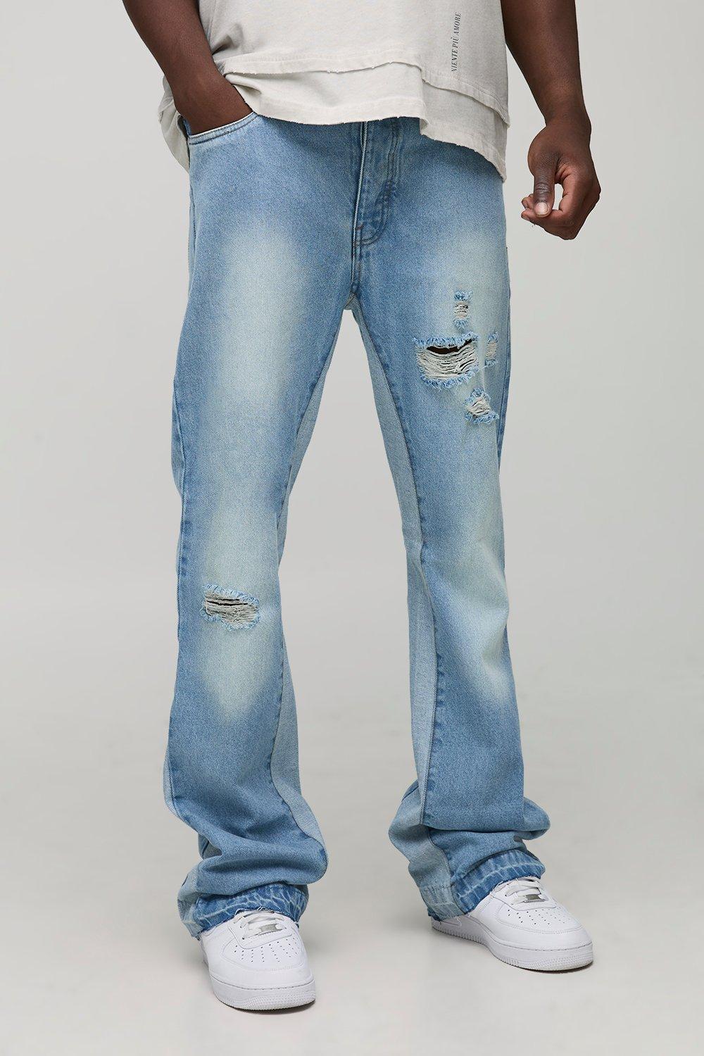 Image of Tall Slim Flare Gusset Detail Distressed Panel Jeans, Azzurro