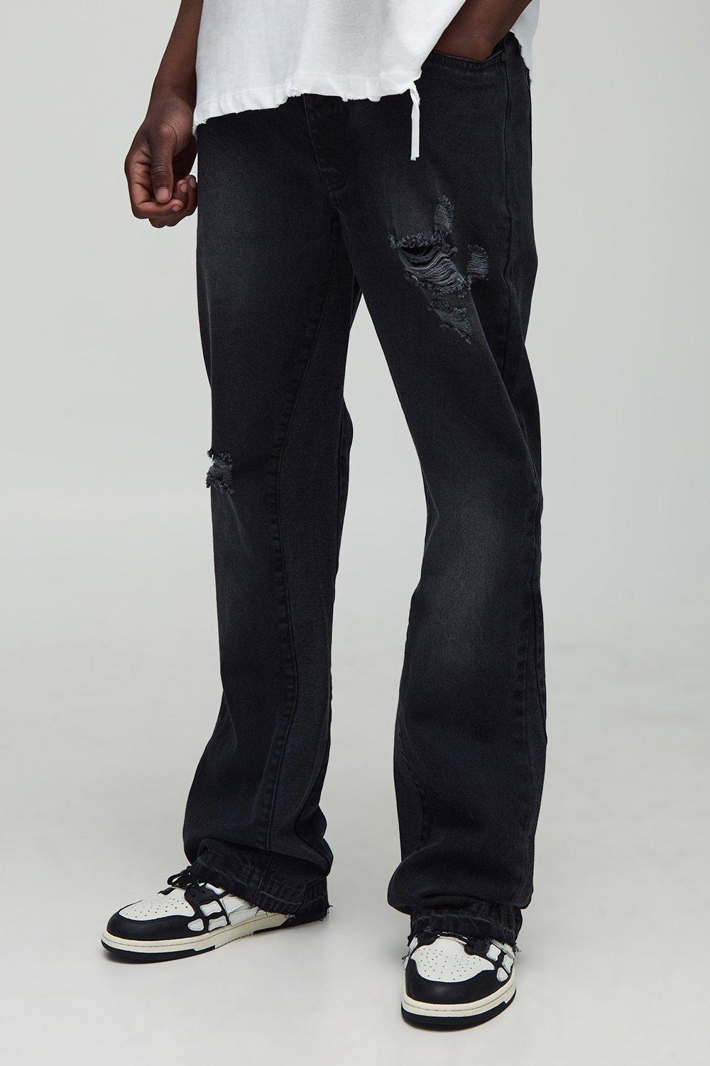 Image of Tall Slim Flare Gusset Detail Distressed Panel Jeans, Nero