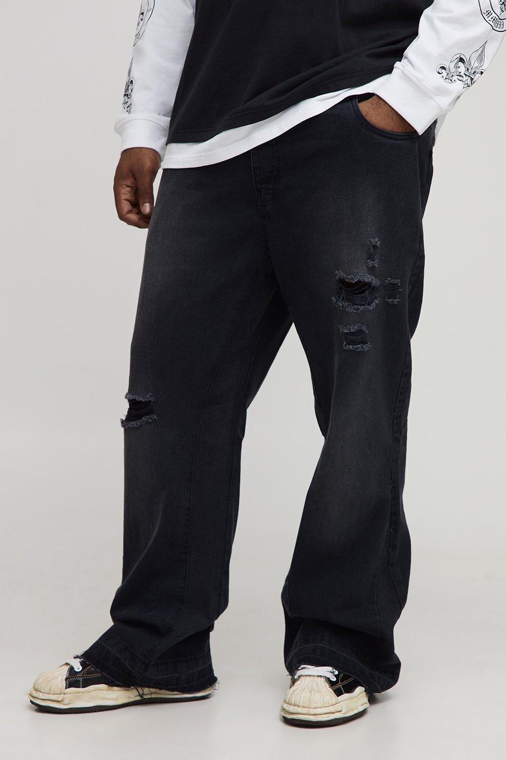 Image of Plus Slim Flare Gusset Detail Distressed Panel Jeans, Nero
