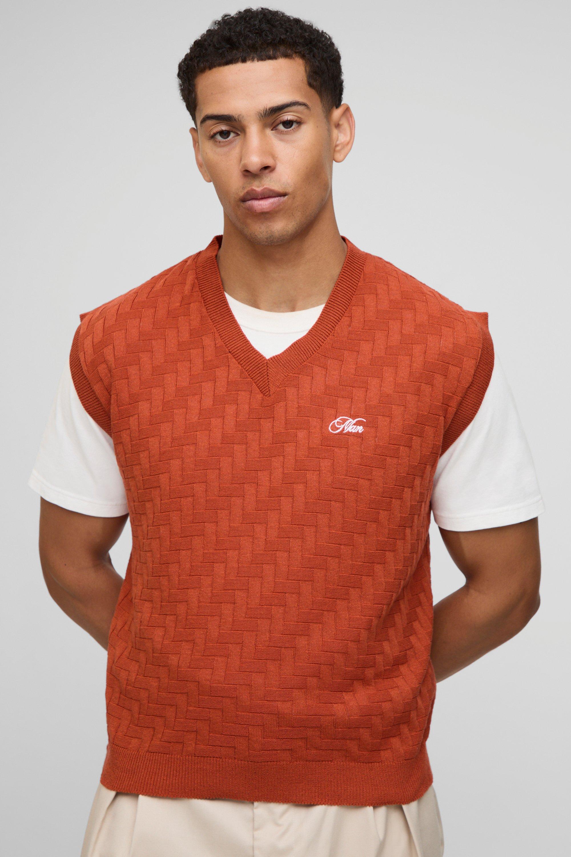 Mens Orange MAN Embroidered Boxy Fit Crosshatch Knitted Vest, Orange