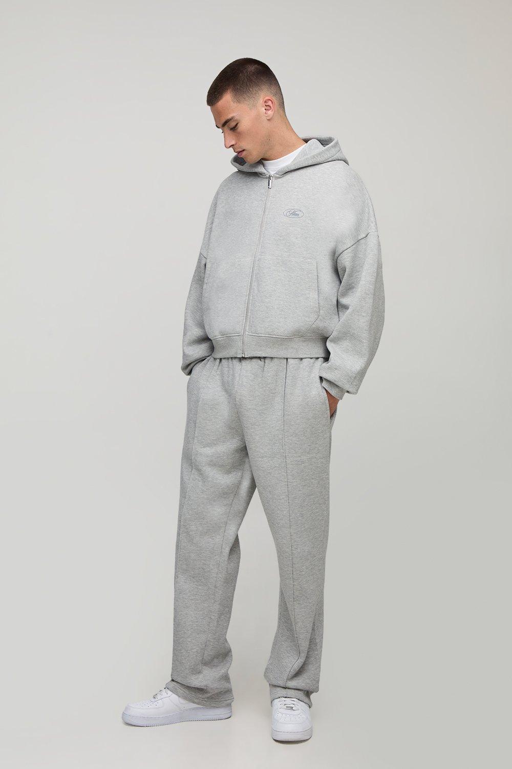Mens Grey Shrunken Boxy New York Hooded Zip Relaxed Leg Tracksuit, Grey