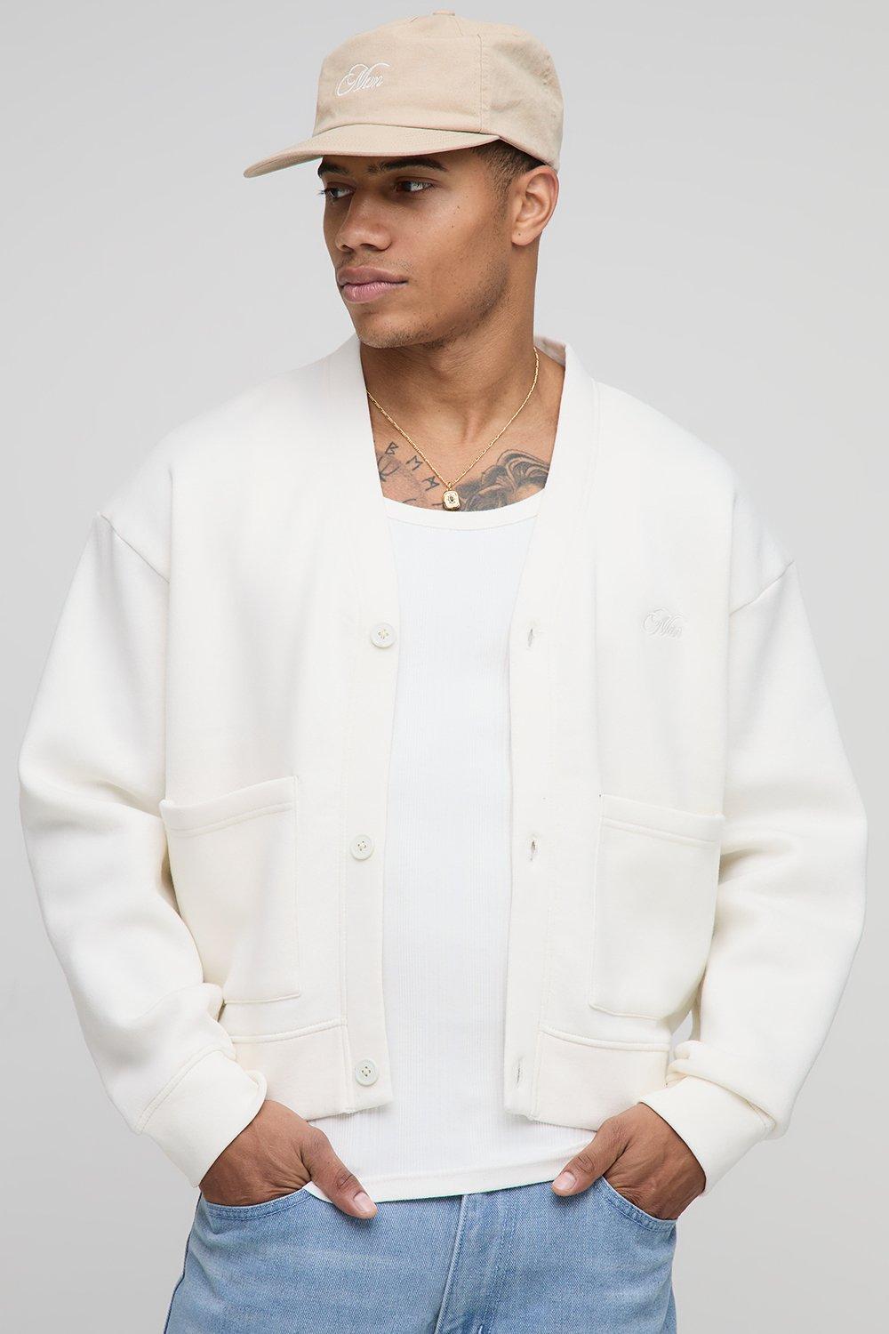 Image of Oversized Boxy Official Man Applique Jersey Cardigan, Cream
