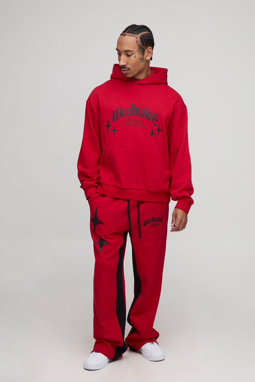 Image of Oversized Boxy Worldwide Hooded Flare Gusset Tracksuit, Rosso