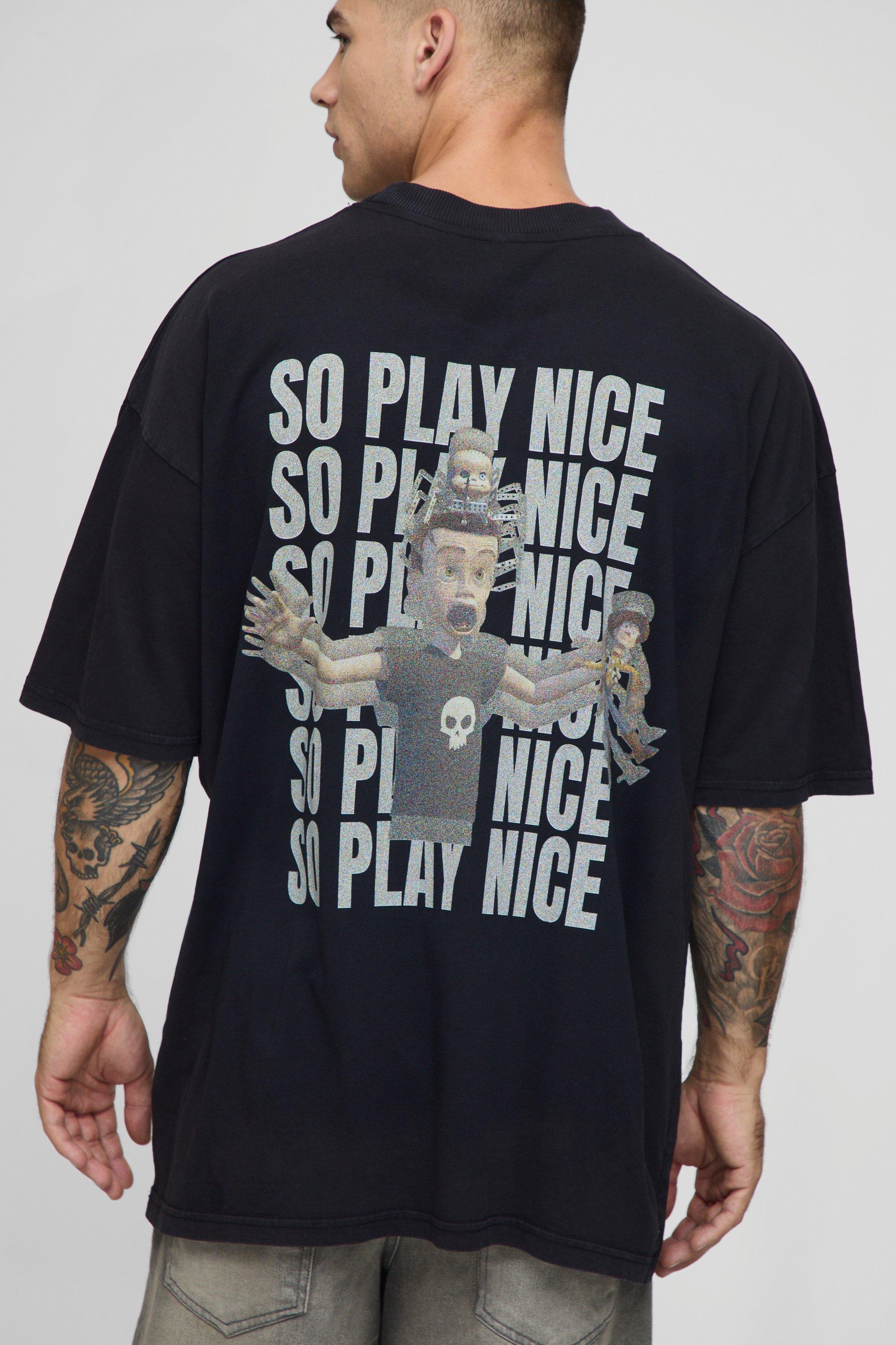 Mens Black Oversized Extended Neck Disney Toy Story Sid Acid Wash License T-Shirt, Black