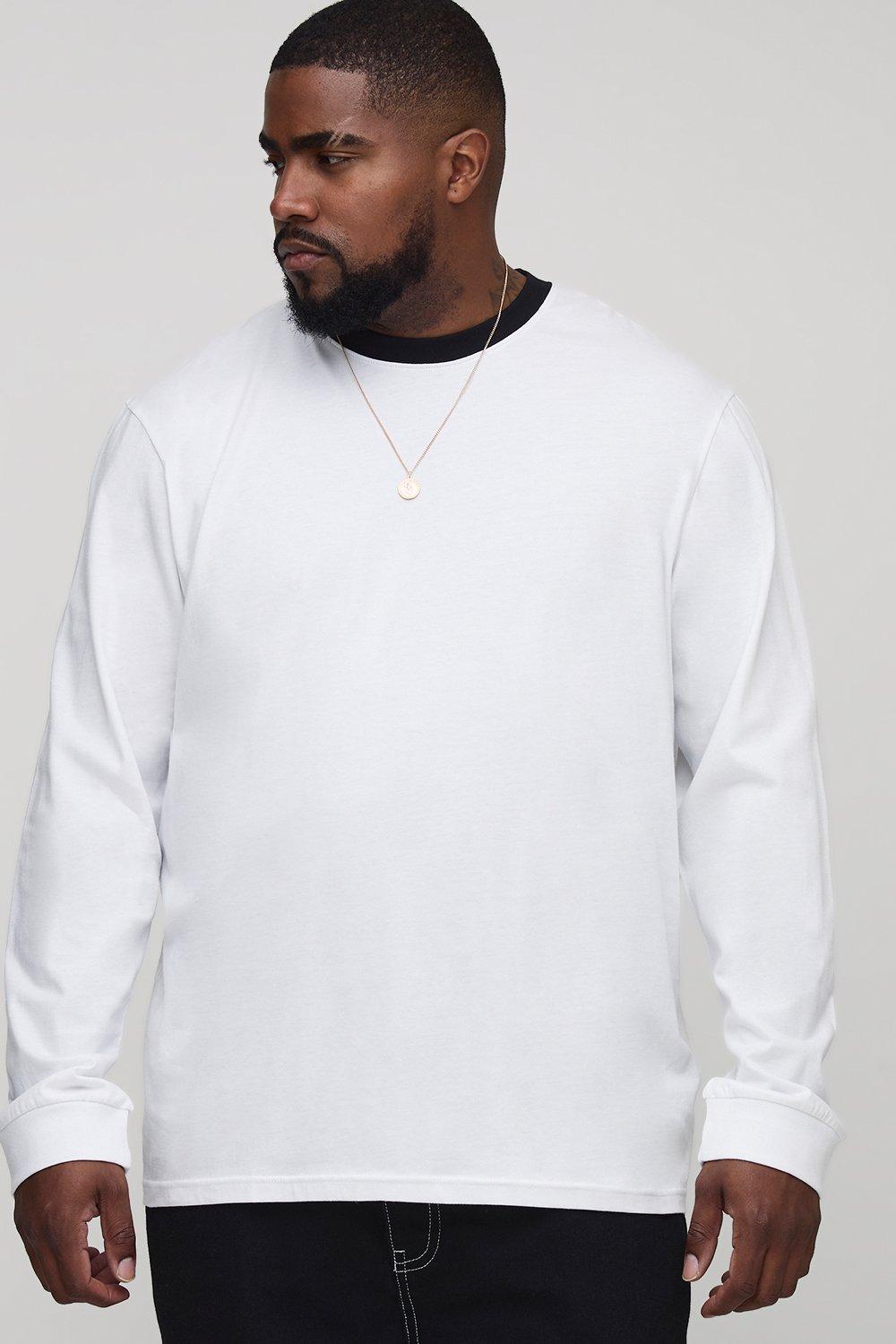 Image of Plus Regular Fit Ringer Crew Neck Long Sleeve T-Shirt, Bianco