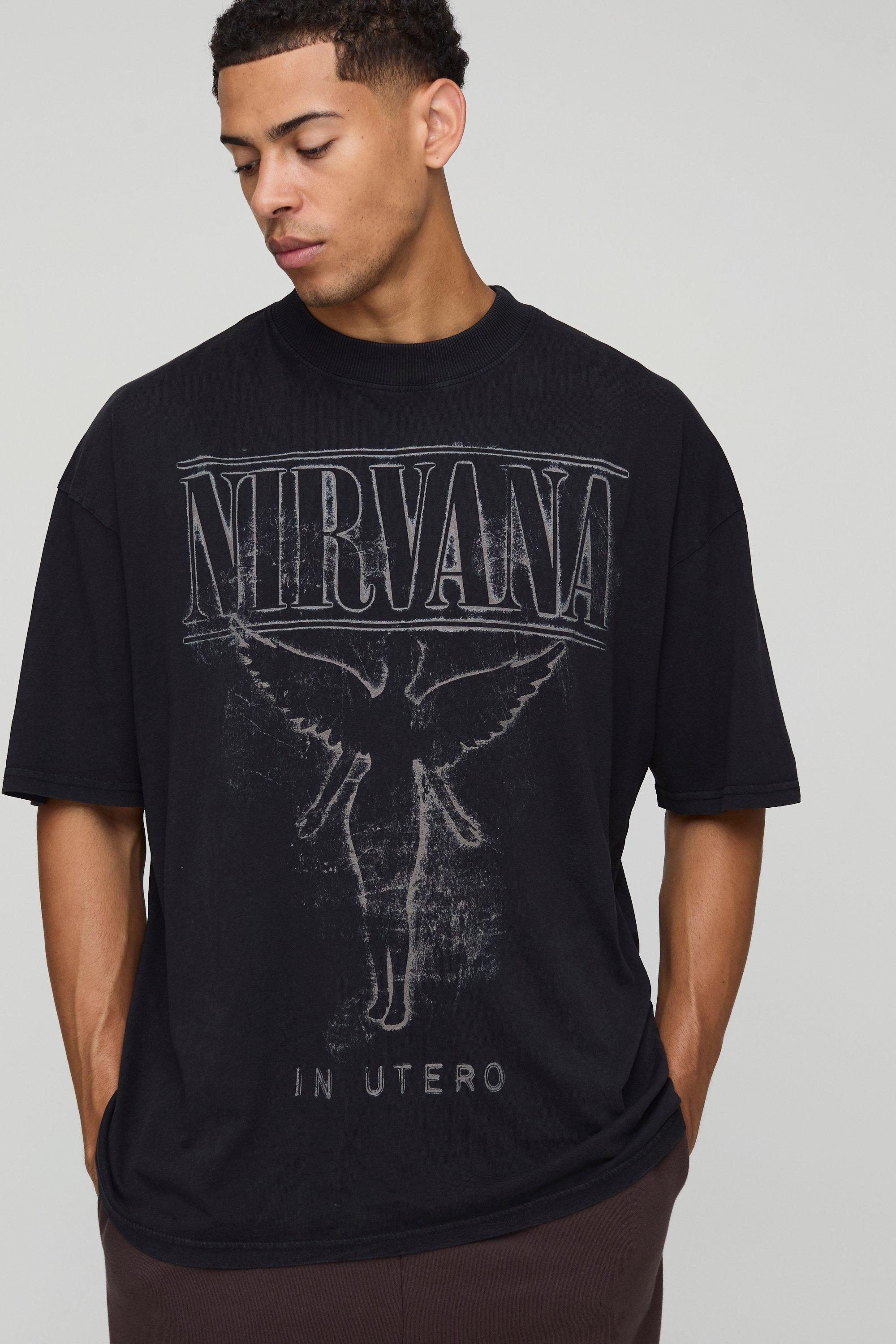 Mens Black Oversized Extended Neck Nirvana Acid Wash License T-Shirt, Black
