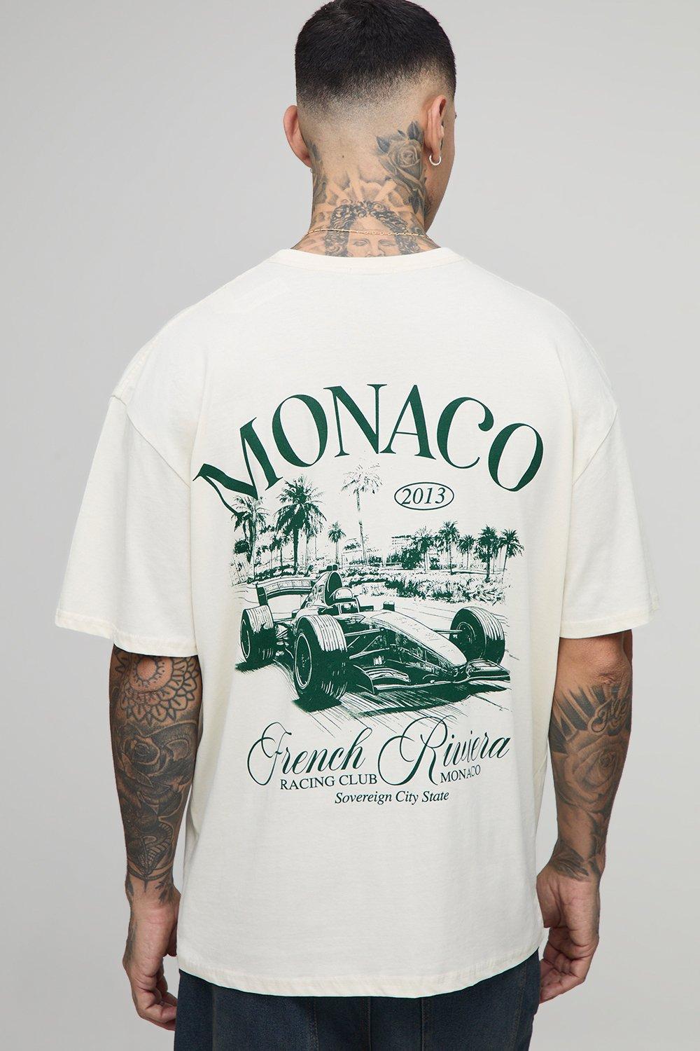 Mens Cream Tall Oversized Monaco Racing Print T-Shirt, Cream