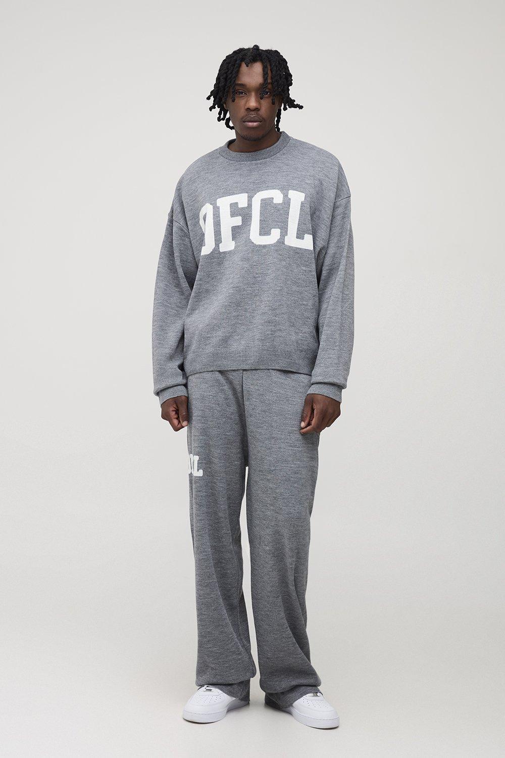 Mens Grey Tall OFCL Knitted Oversized Sweat & Jogger Tracksuit, Grey