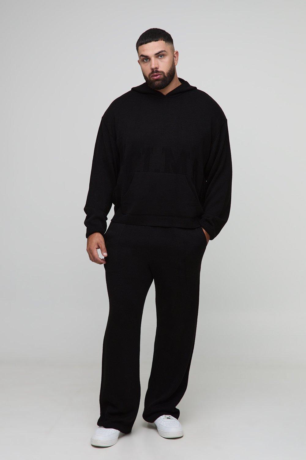 Mens Black Plus OFCLMAN Oversized Boxy Knitted Hoodie & Regular Fit Jogger Tracksuit, Black