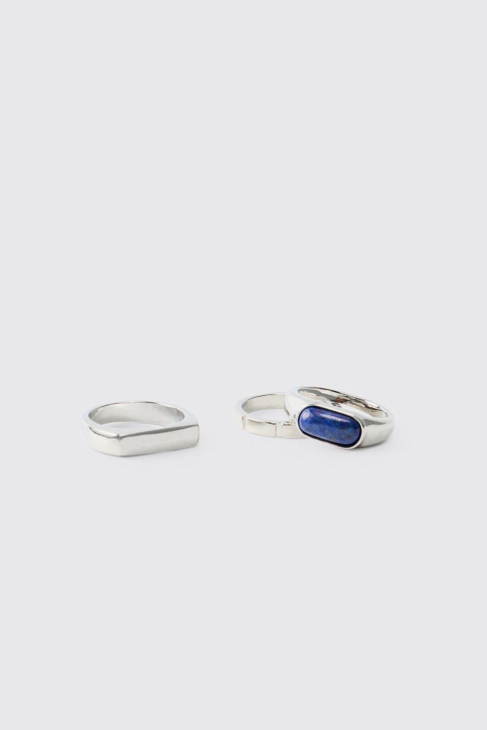 Mens Grey 3 Pack Gem Silver Rings, Grey