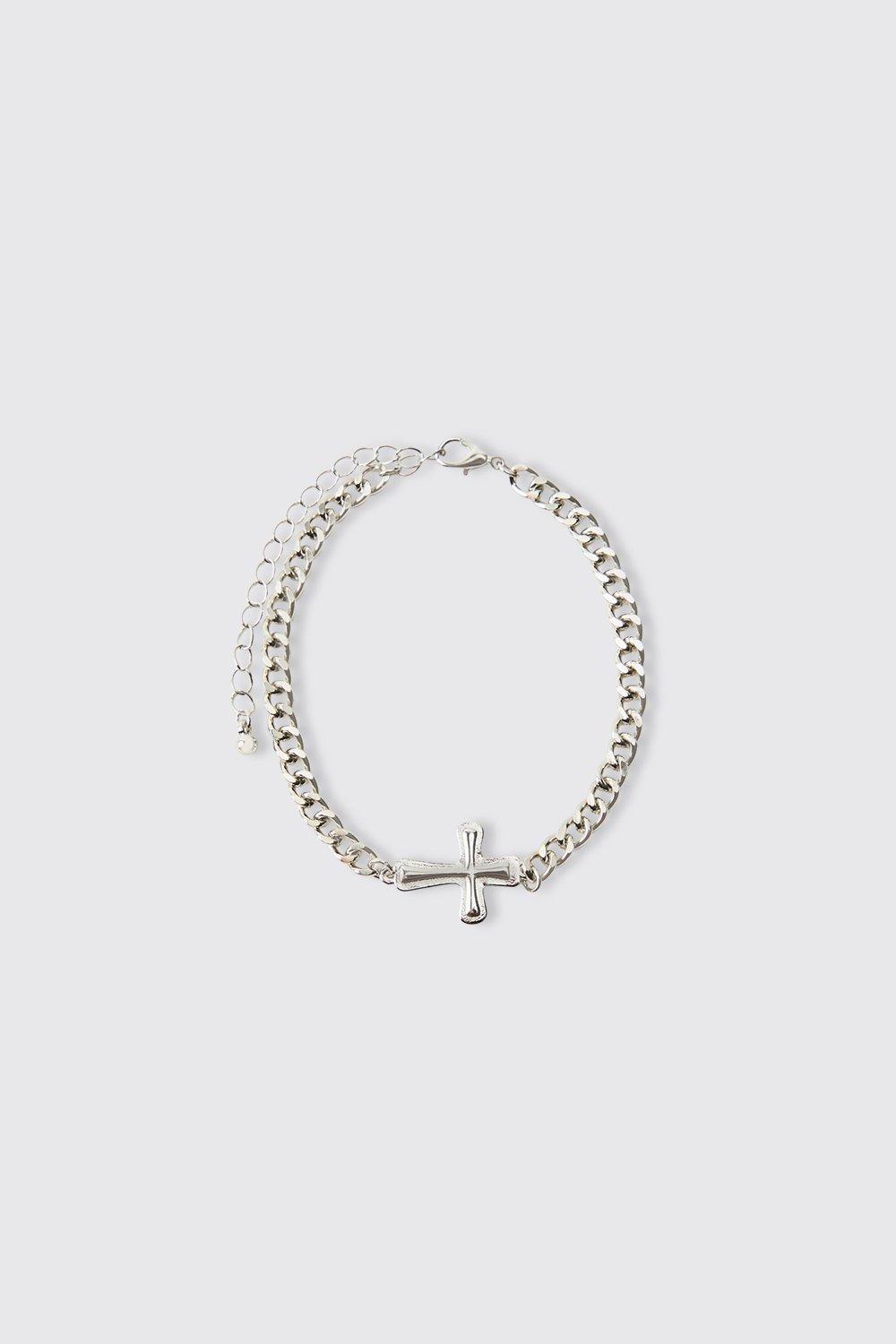 Mens Grey Silver Cross Bracelet, Grey
