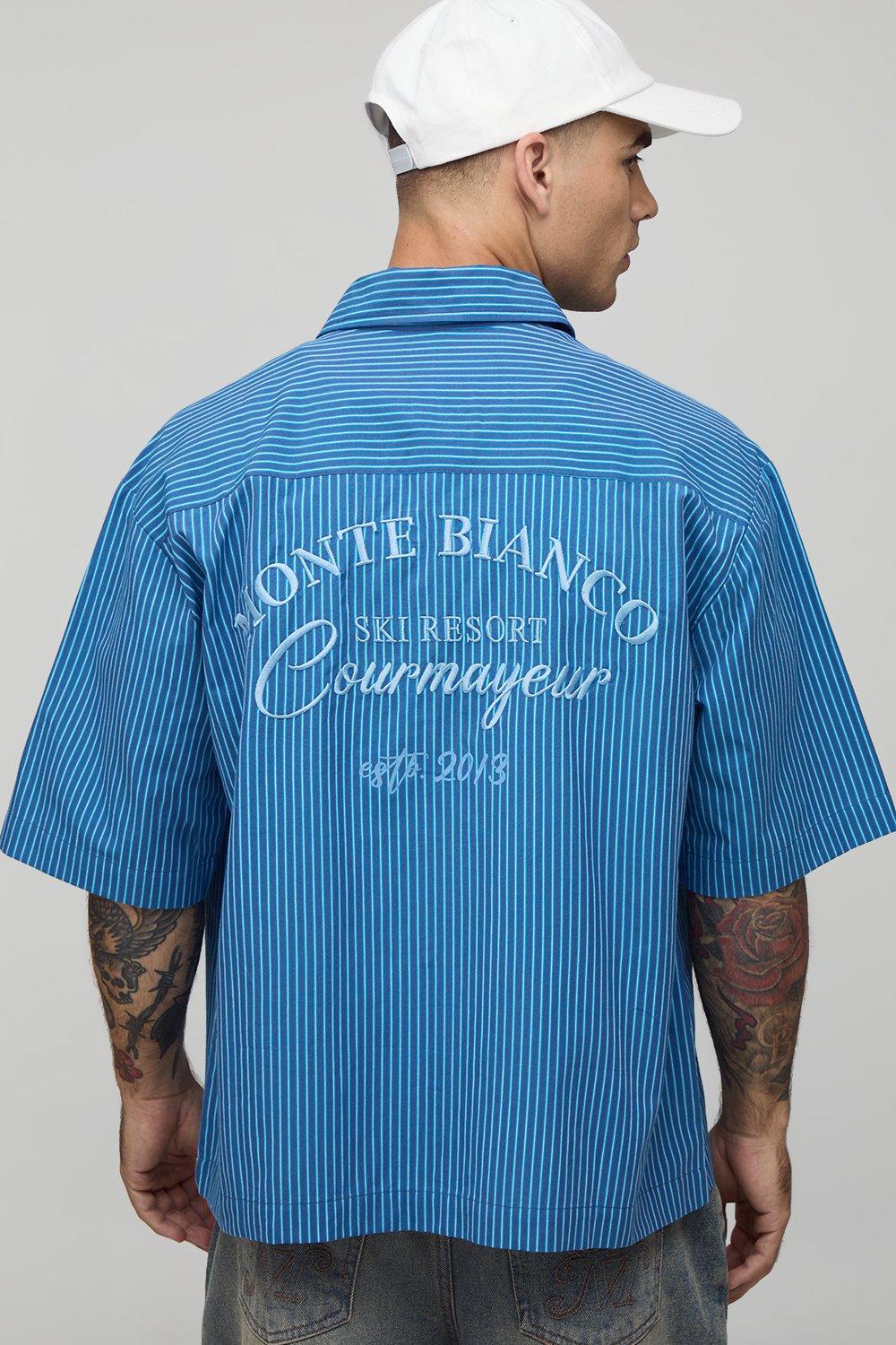 Image of Oversized Monte Bianco Embroidered Stripe Short Sleeve Shirt, Navy