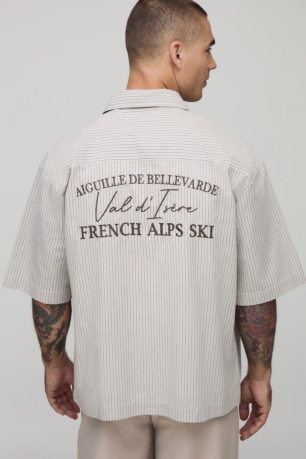 Image of Oversized French Alps Embroidered Stripe Short Sleeve Shirt, Beige