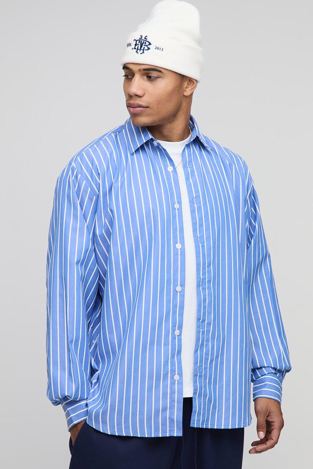 Mens Blue Oversized New York Embroidered Shirt, Blue