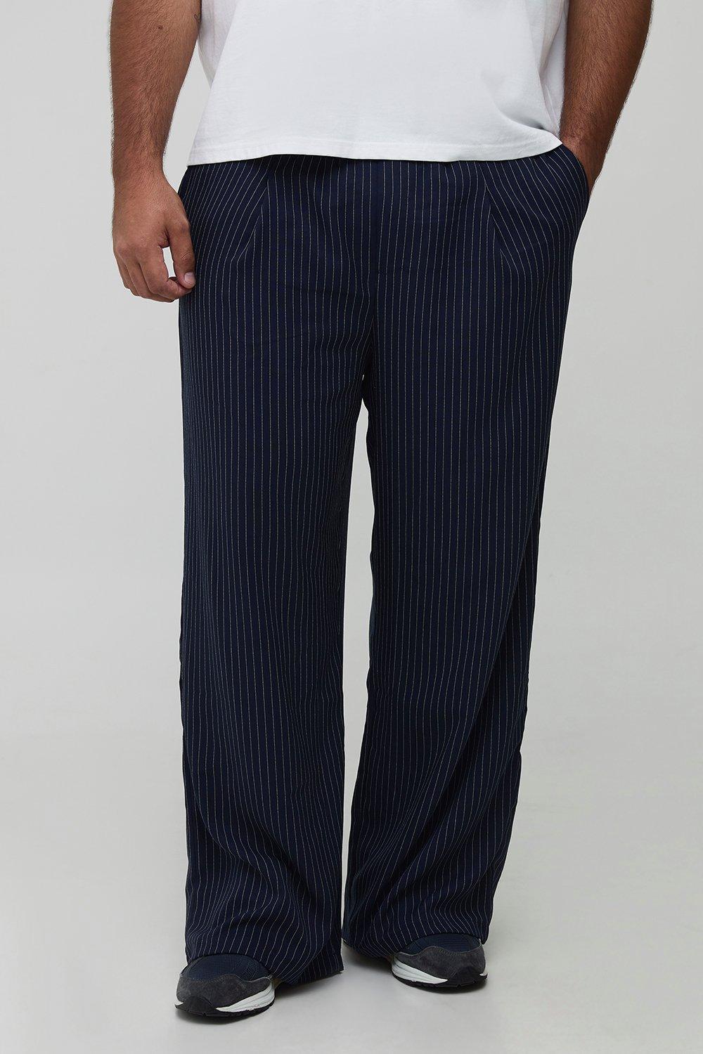 Mens Navy Plus Pleat Front Wide Leg Pinstripe Trousers, Navy