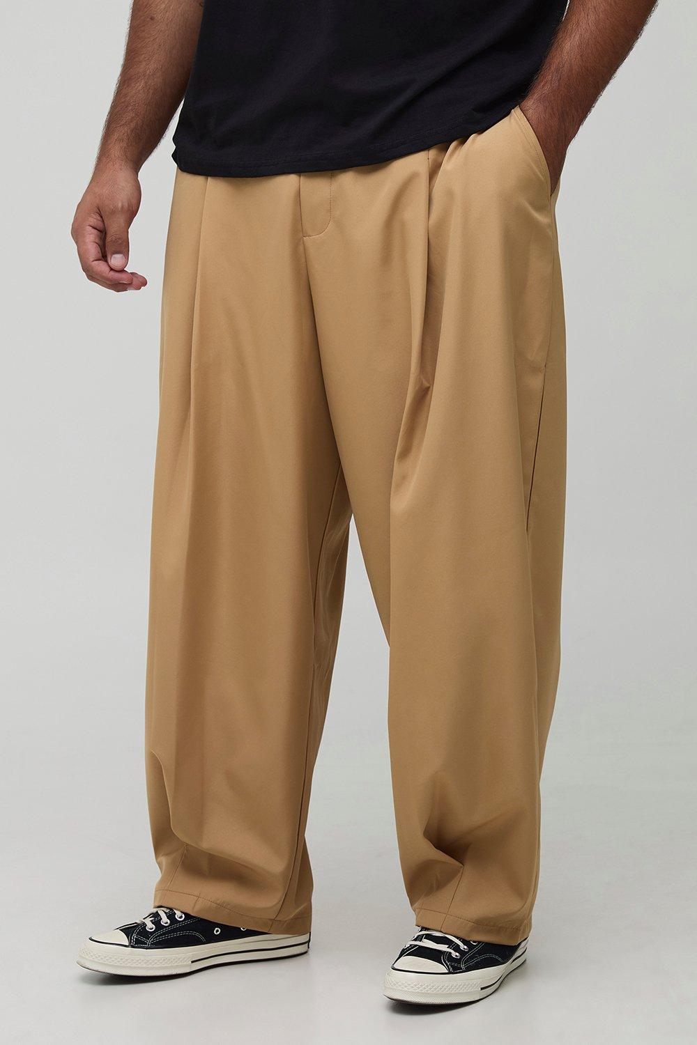 Mens Beige Plus Pleat Front Balloon Fit Trousers, Beige