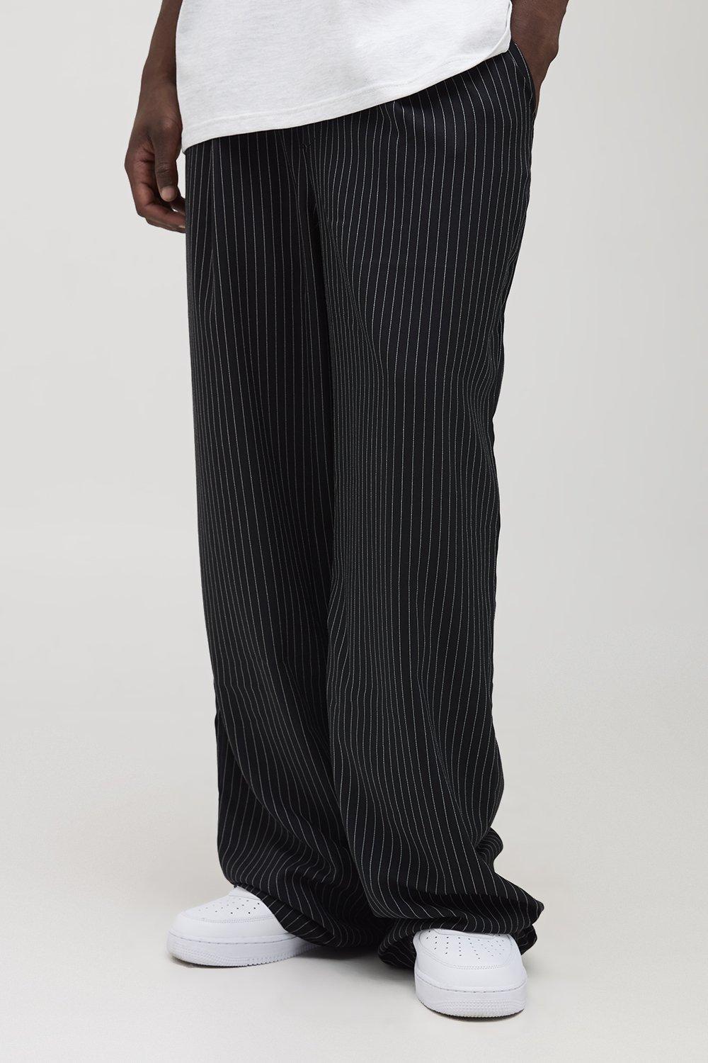 Mens Black Tall Pleat Front Wide Leg Pinstripe Trousers, Black