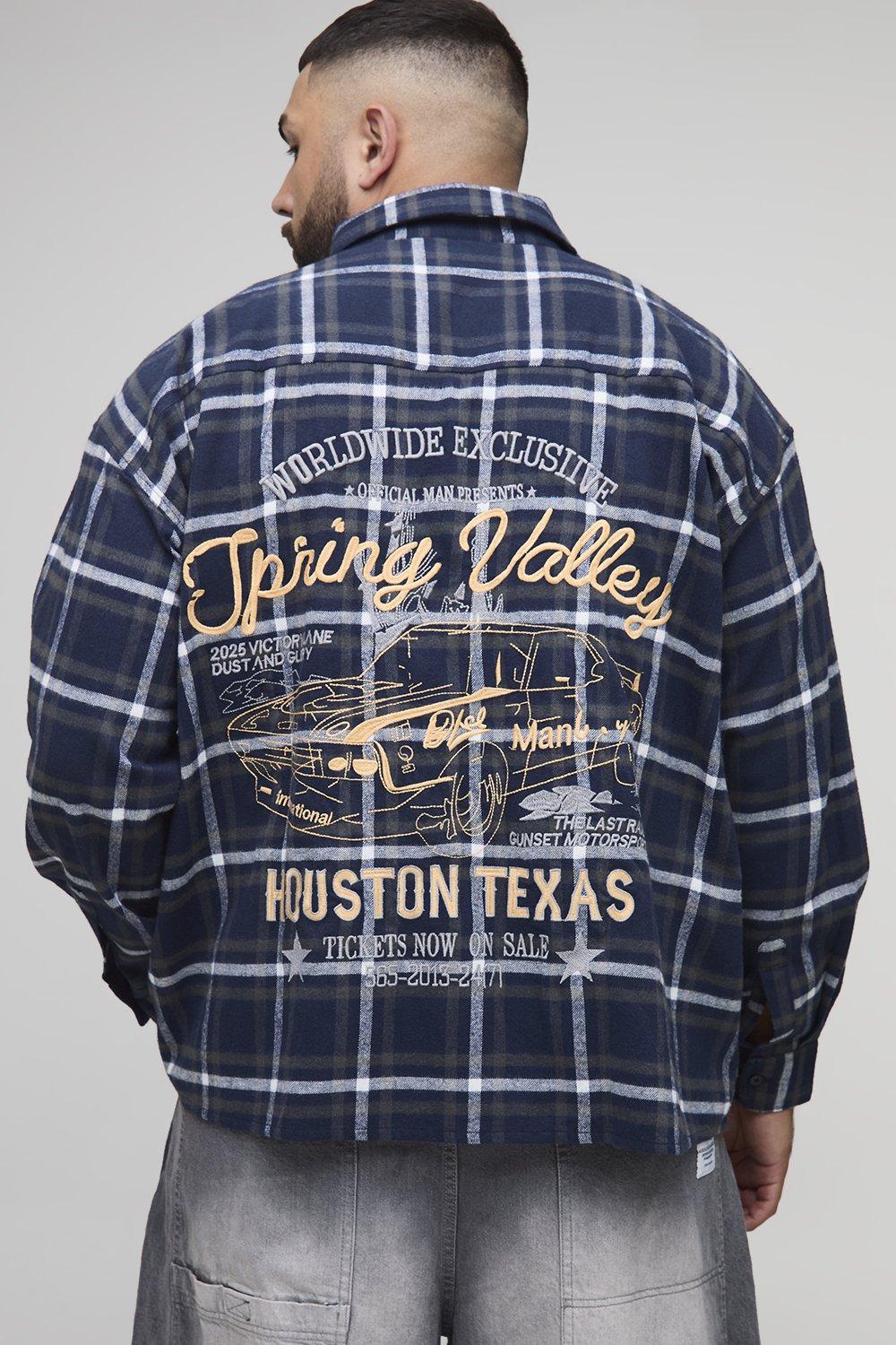 Image of Plus Western Car Back Embroidered Flannel Shirt, Navy