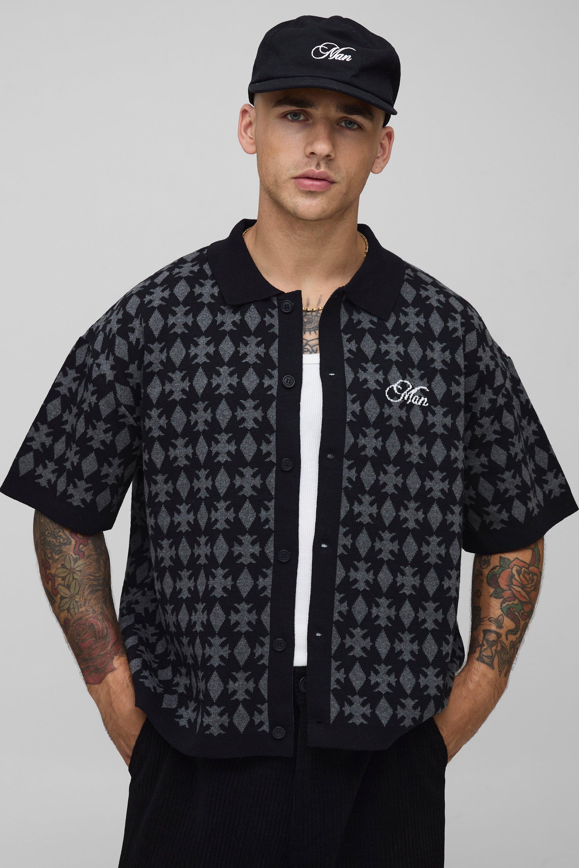 Man Oversized Boxy Fit Jacquard Patch Knitted Shirt