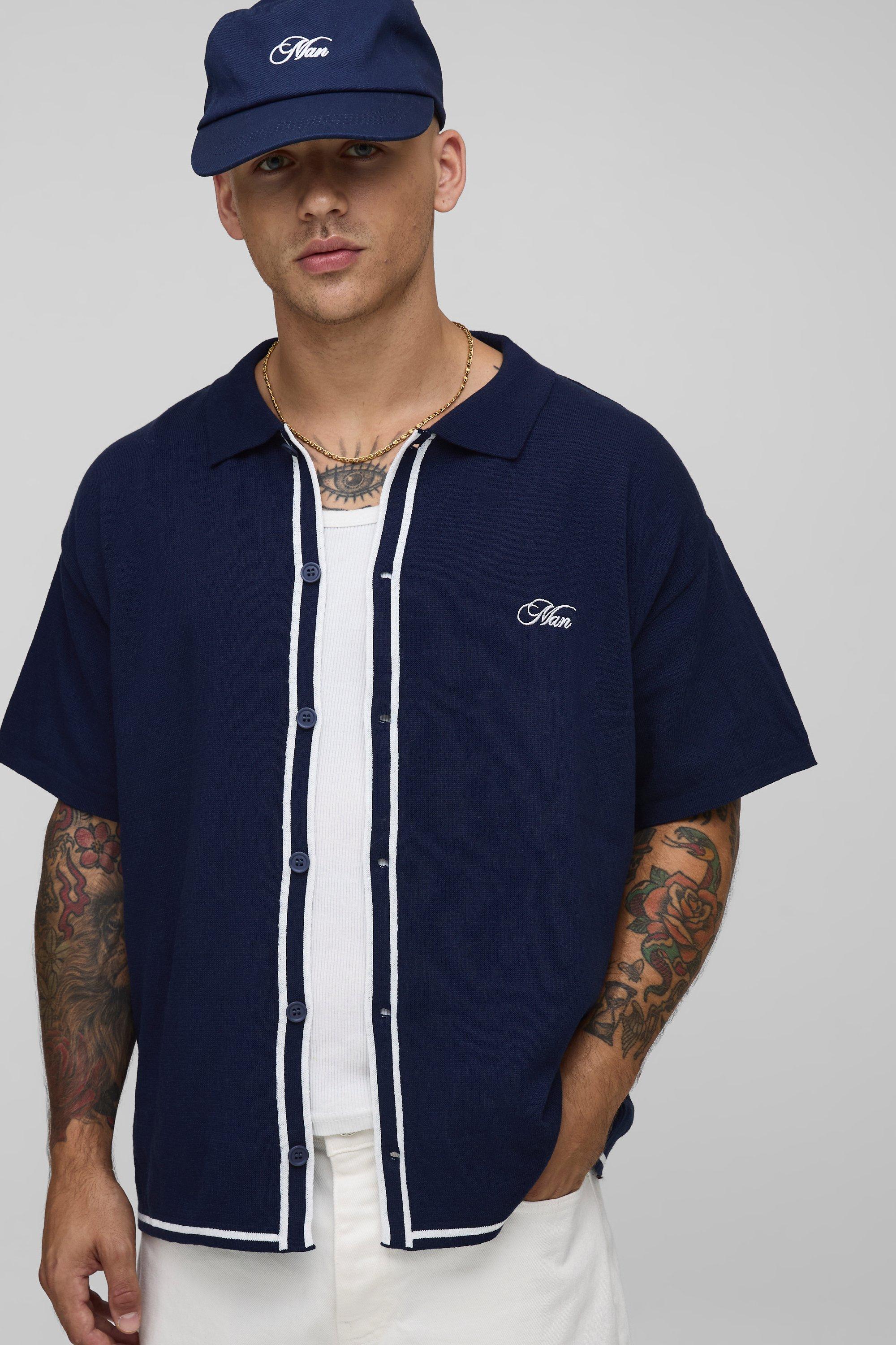 Man Embroided Boxy Fit Border Knitted Shirt